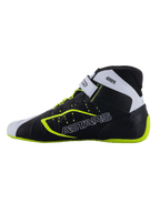 Sapatos Alpinestars Tech-1 KX V3 - FIA, sapatos de karting, pretos, brancos e amarelo fluo, perfil elegante com logótipo ASTARS na lateral, correia ajustável e pormenores fluorescentes, calçado de competição leve