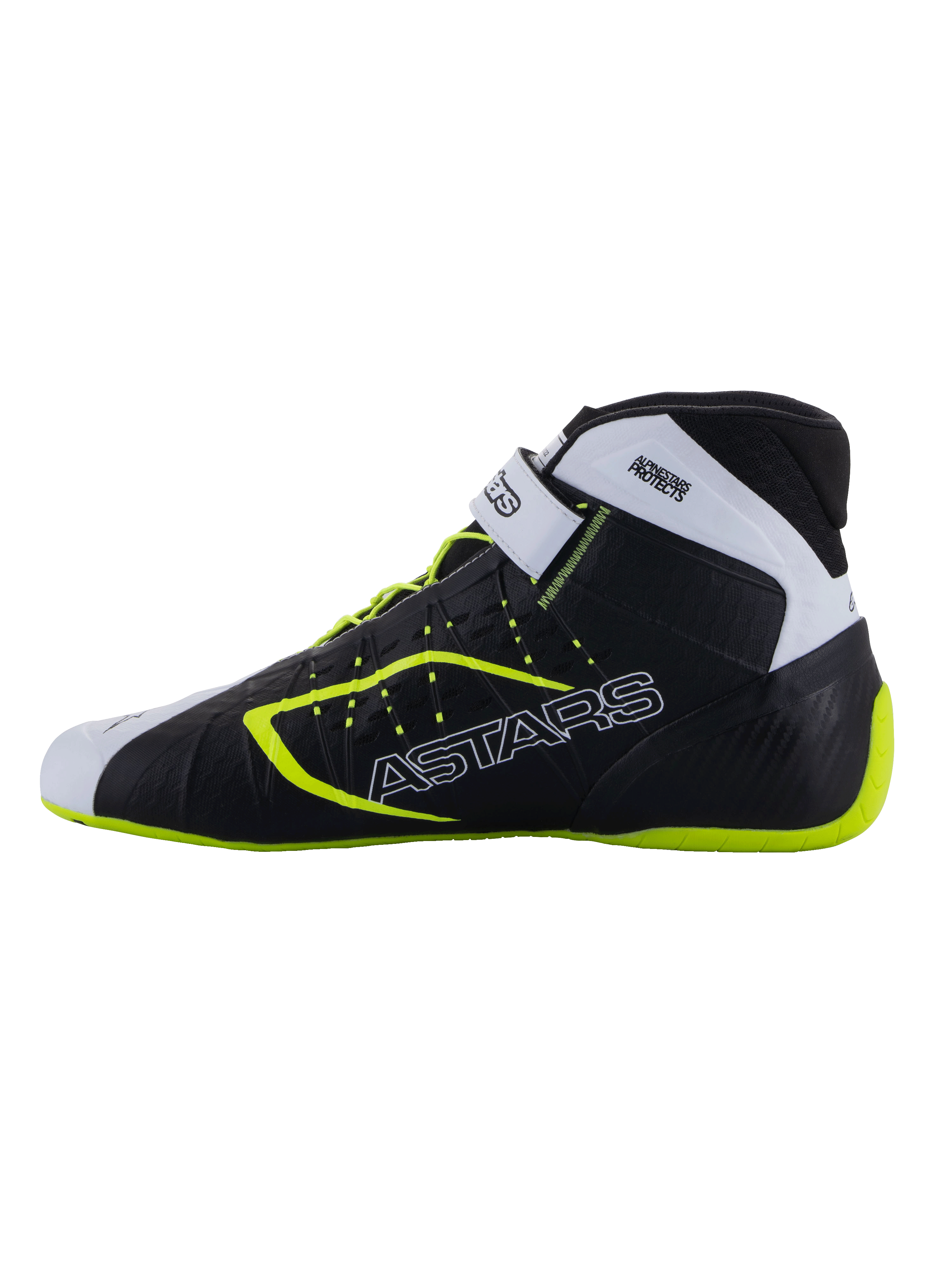 Sapatos Alpinestars Tech-1 KX V3 - FIA, sapatos de karting, pretos, brancos e amarelo fluo, perfil elegante com logótipo ASTARS na lateral, correia ajustável e pormenores fluorescentes, calçado de competição leve