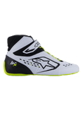 Alpinestars Tech-1 KX V3 Shoes - FIA, sapatos de karting, preto, branco e amarelo fluorescente, perfil lateral elegante com parte superior branca termo-soldada, contraforte do calcanhar preto com logótipo KX, sola e atacadores em amarelo fluorescente, design profissional de automobilismo para karting