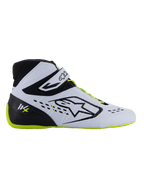 Alpinestars Tech-1 KX V3 Shoes - FIA, sapatos de karting, preto, branco e amarelo fluorescente, perfil lateral elegante com parte superior branca termo-soldada, contraforte do calcanhar preto com logótipo KX, sola e atacadores em amarelo fluorescente, design profissional de automobilismo para karting