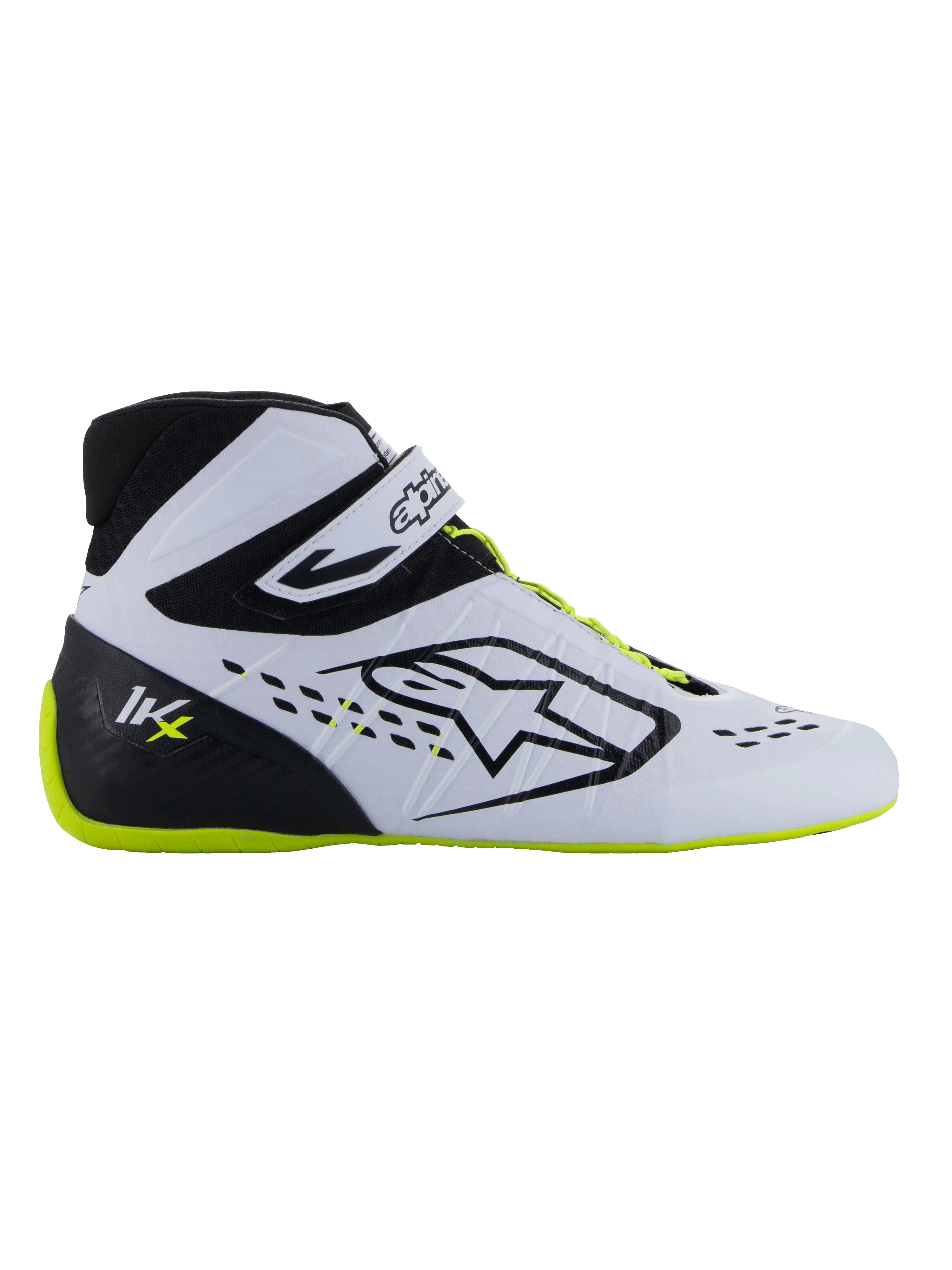 Alpinestars Tech-1 KX V3 Shoes - FIA, sapatos de karting, preto, branco e amarelo fluorescente, perfil lateral elegante com parte superior branca termo-soldada, contraforte do calcanhar preto com logótipo KX, sola e atacadores em amarelo fluorescente, design profissional de automobilismo para karting