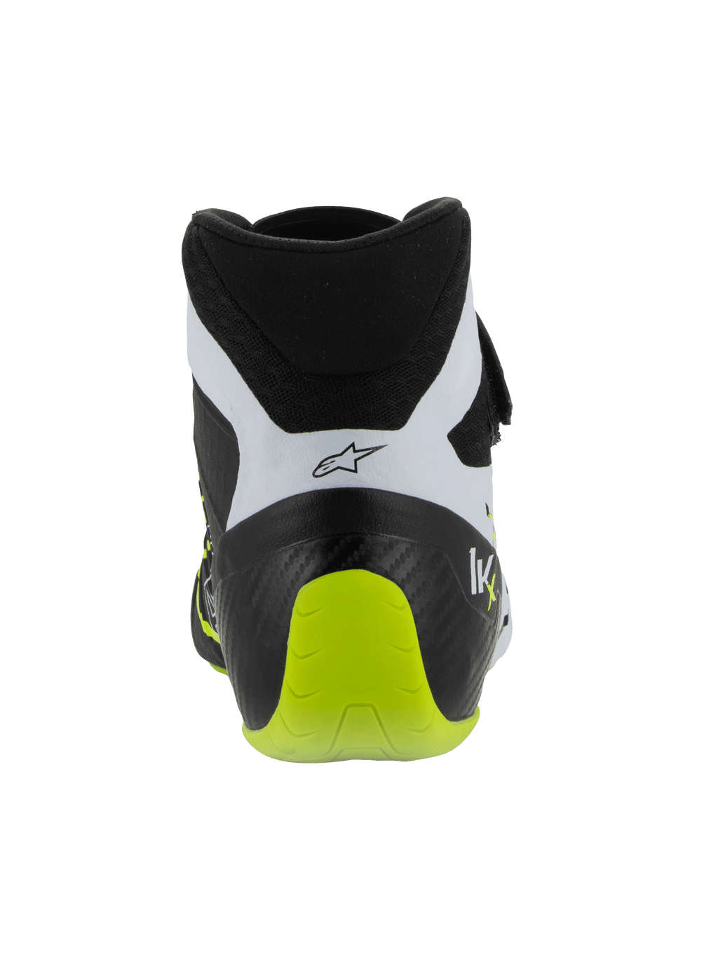 Sapatos Alpinestars Tech-1 KX V3, sapatos de karting com certificação FIA, preto, branco e amarelo néon, vista traseira mostrando o calcanhar reforçado de peça única, detalhe em amarelo néon vibrante, painéis brancos com logótipo preto, calçado técnico de automobilismo para uso em pista.