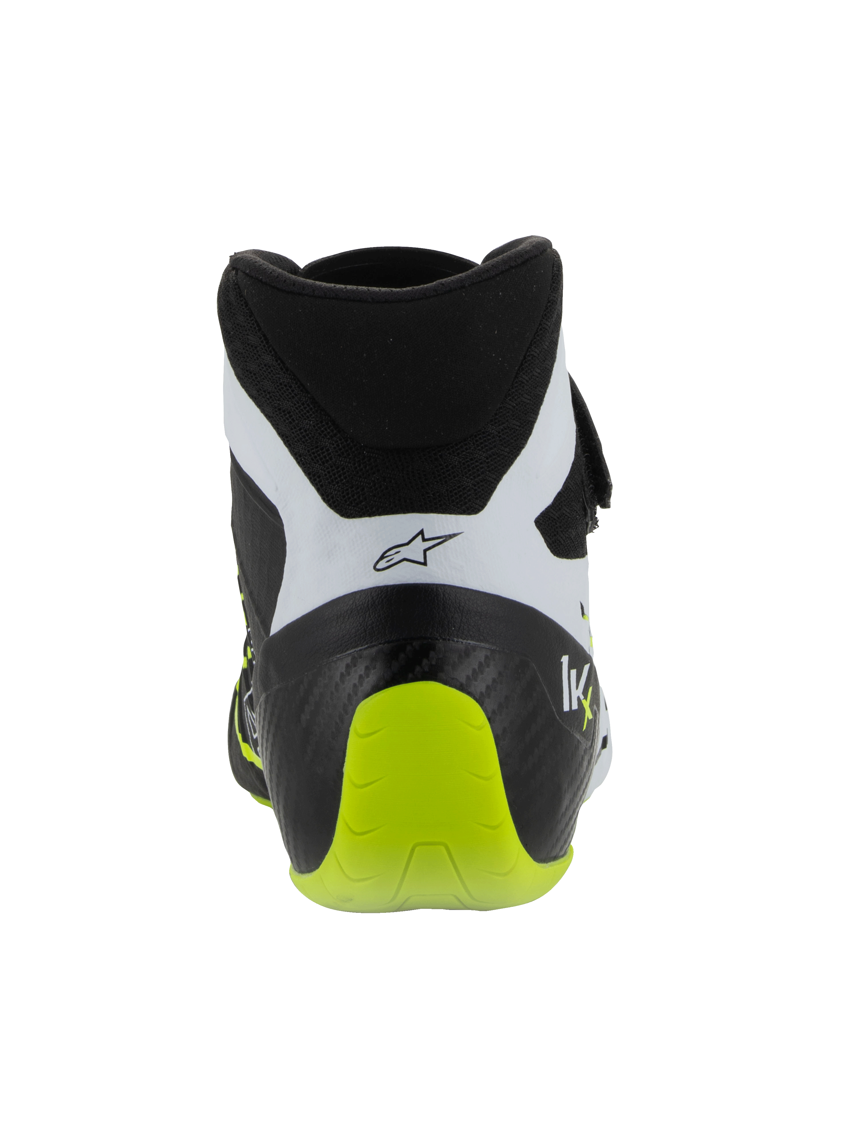 Sapatos Alpinestars Tech-1 KX V3, sapatos de karting com certificação FIA, preto, branco e amarelo néon, vista traseira mostrando o calcanhar reforçado de peça única, detalhe em amarelo néon vibrante, painéis brancos com logótipo preto, calçado técnico de automobilismo para uso em pista.