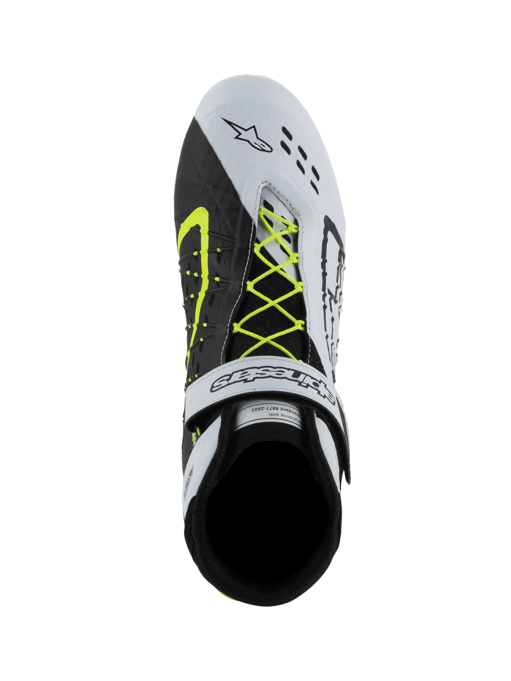 Sapatos Alpinestars Tech-1 KX V3, sapatos de karting FIA, preto, branco e amarelo néon, vista de cima mostrando o sistema de atacadores assimétrico em amarelo néon, tira de velcro branca no tornozelo e perfurações cortadas a laser na biqueira