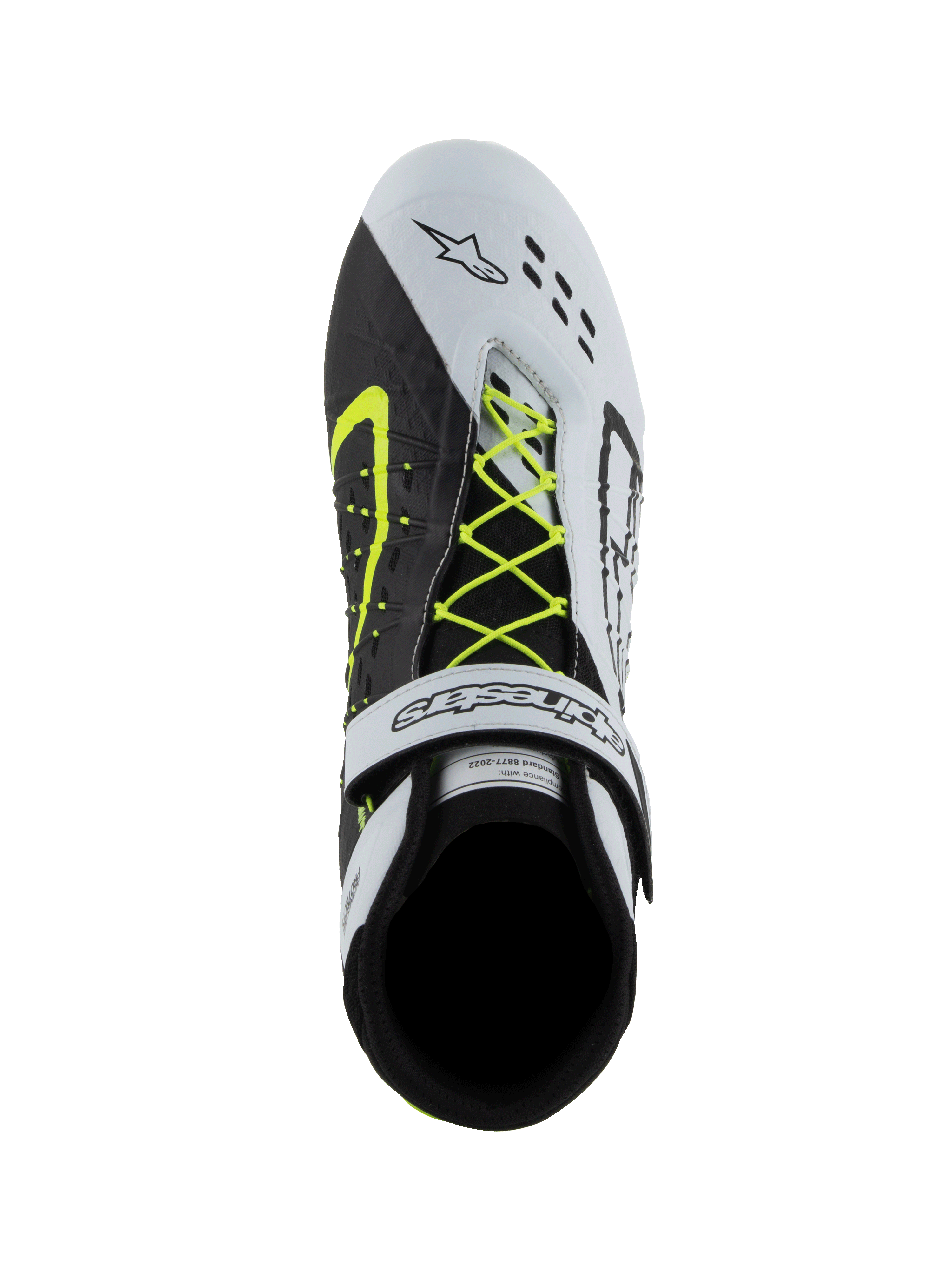 Sapatos Alpinestars Tech-1 KX V3, sapatos de karting FIA, preto, branco e amarelo néon, vista de cima mostrando o sistema de atacadores assimétrico em amarelo néon, tira de velcro branca no tornozelo e perfurações cortadas a laser na biqueira