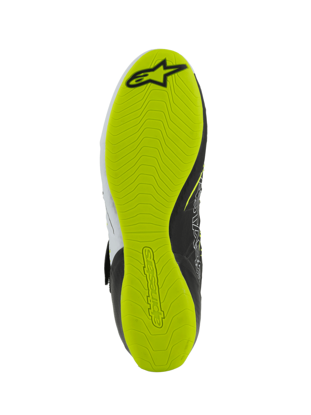 Sapatos Alpinestars Tech-1 KX V3 - FIA, sapatos de karting, vista inferior da sola, borracha amarela fluo com padrão de aderência texturizado, logótipo Alpinestars preto e marca em relevo para sensibilidade aos pedais