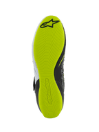 Sapatos Alpinestars Tech-1 KX V3 - FIA, sapatos de karting, vista inferior da sola, borracha amarela fluo com padrão de aderência texturizado, logótipo Alpinestars preto e marca em relevo para sensibilidade aos pedais