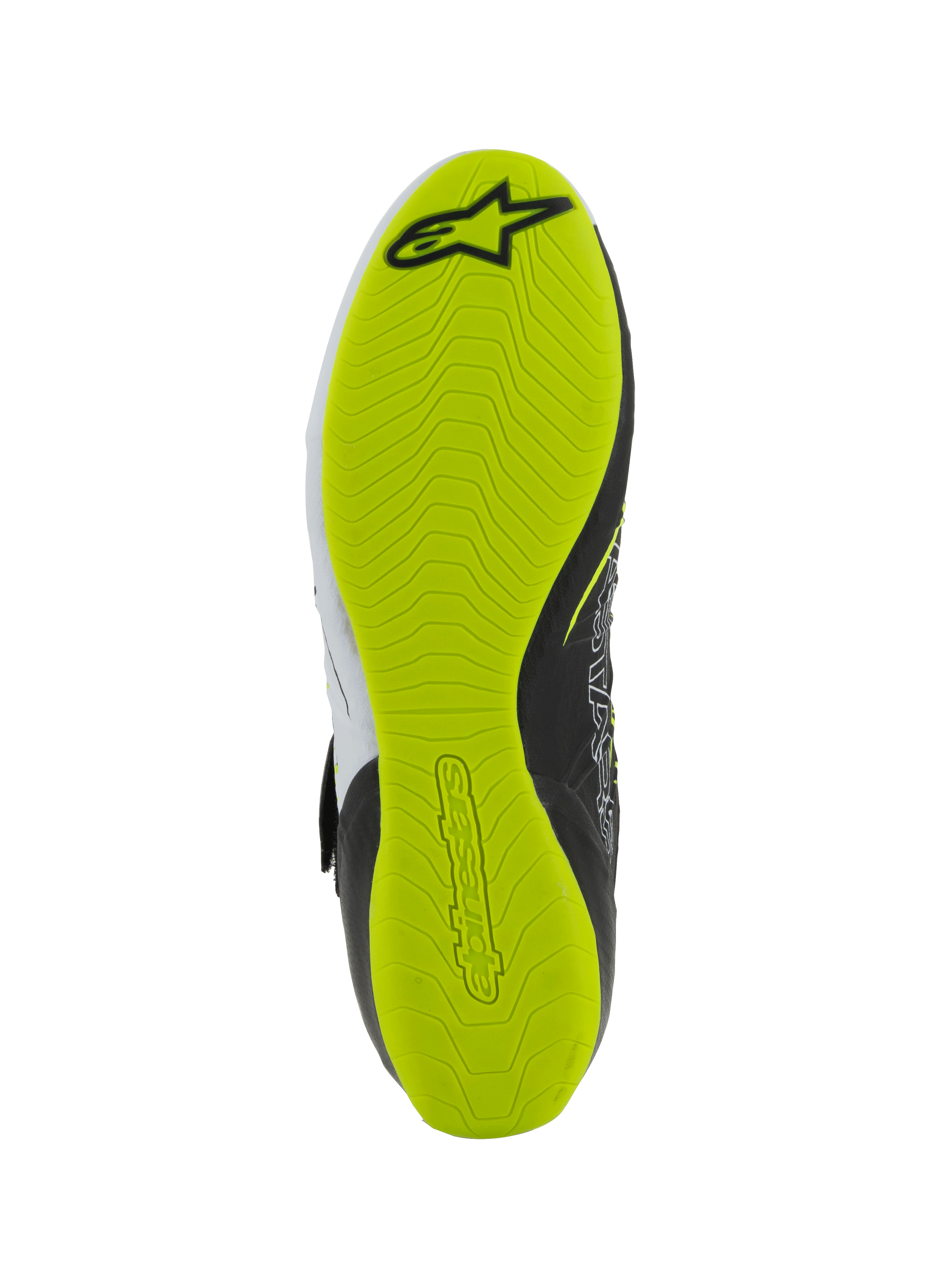Sapatos Alpinestars Tech-1 KX V3 - FIA, sapatos de karting, vista inferior da sola, borracha amarela fluo com padrão de aderência texturizado, logótipo Alpinestars preto e marca em relevo para sensibilidade aos pedais