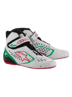Sapatos de Karting Alpinestars Tech-1 KX V3, brancos, verdes e vermelhos, com parte superior termossoldada sem costuras e perfurações cortadas a laser, atacadores assimétricos, tira de velcro com logótipo vermelho e sola fina de borracha vermelha.