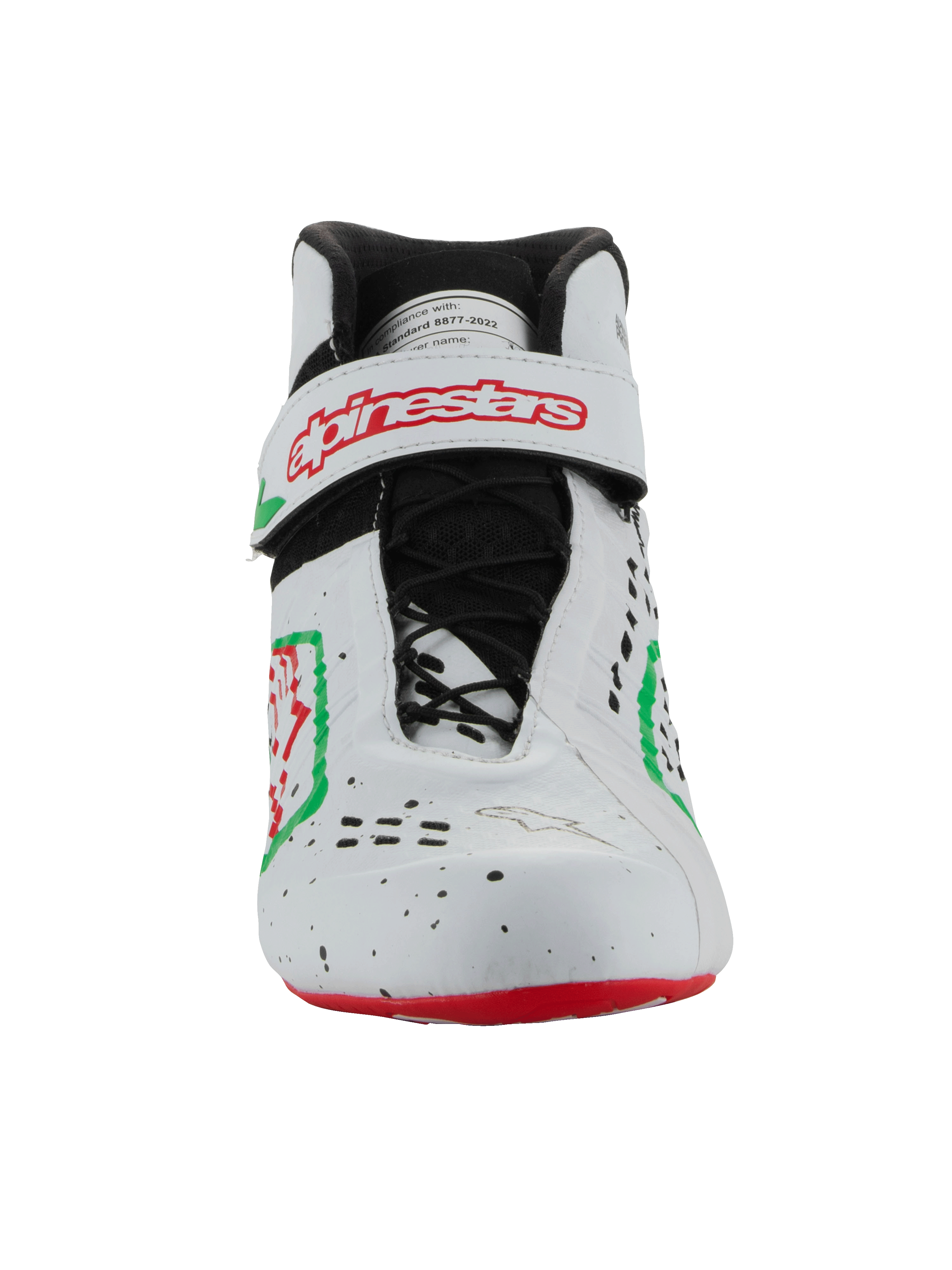 Sapatos Alpinestars Tech-1 KX V3 - FIA, sapatos de karting, brancos, verdes e vermelhos, vista frontal com sistema de atacadores assimétrico e tira de velcro com logótipo Alpinestars vermelho, design perfurado elegante para desportos motorizados