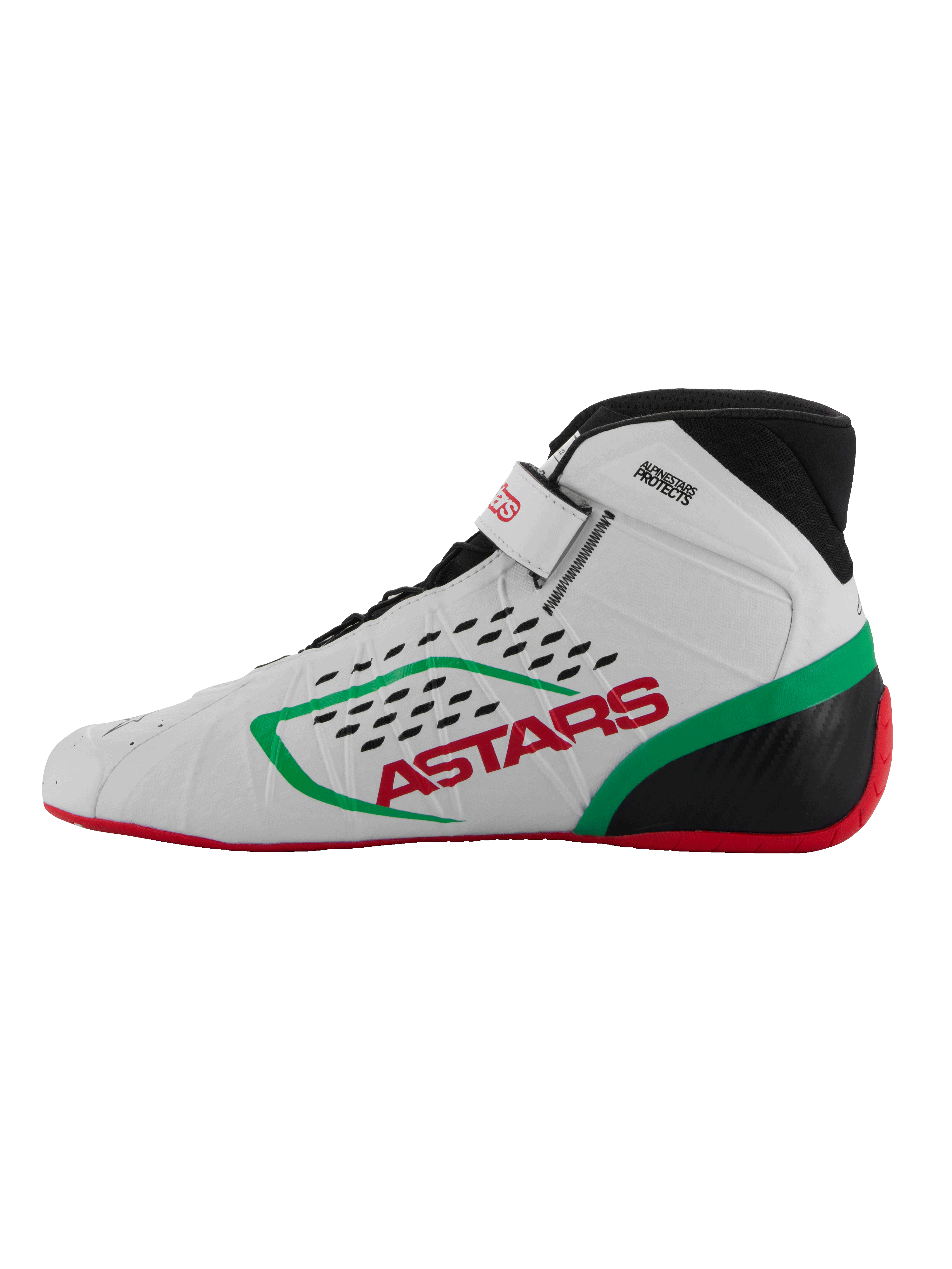 Sapatos Alpinestars Tech-1 KX V3, calçado de karting, branco, verde e vermelho, vista de perfil lateral, com marca ASTARS vermelha e risca verde, colarinho preto com perfurações cortadas a laser, sola vermelha fina para sensibilidade aos pedais