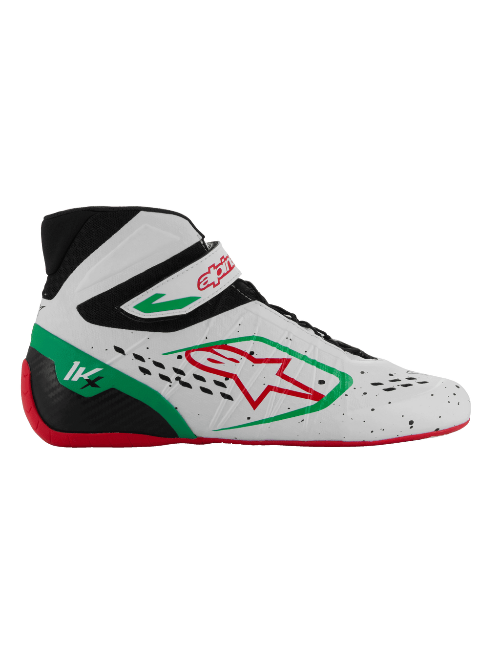 Sapatos Alpinestars Tech-1 KX V3, sapatos de corrida de kart com homologação FIA, brancos com detalhes em preto, verde e vermelho, logótipo de estrela vermelha, sola vermelha, design de cano alto com tira de Velcro, parte superior perfurada e respirável, marcação 1K no calcanhar