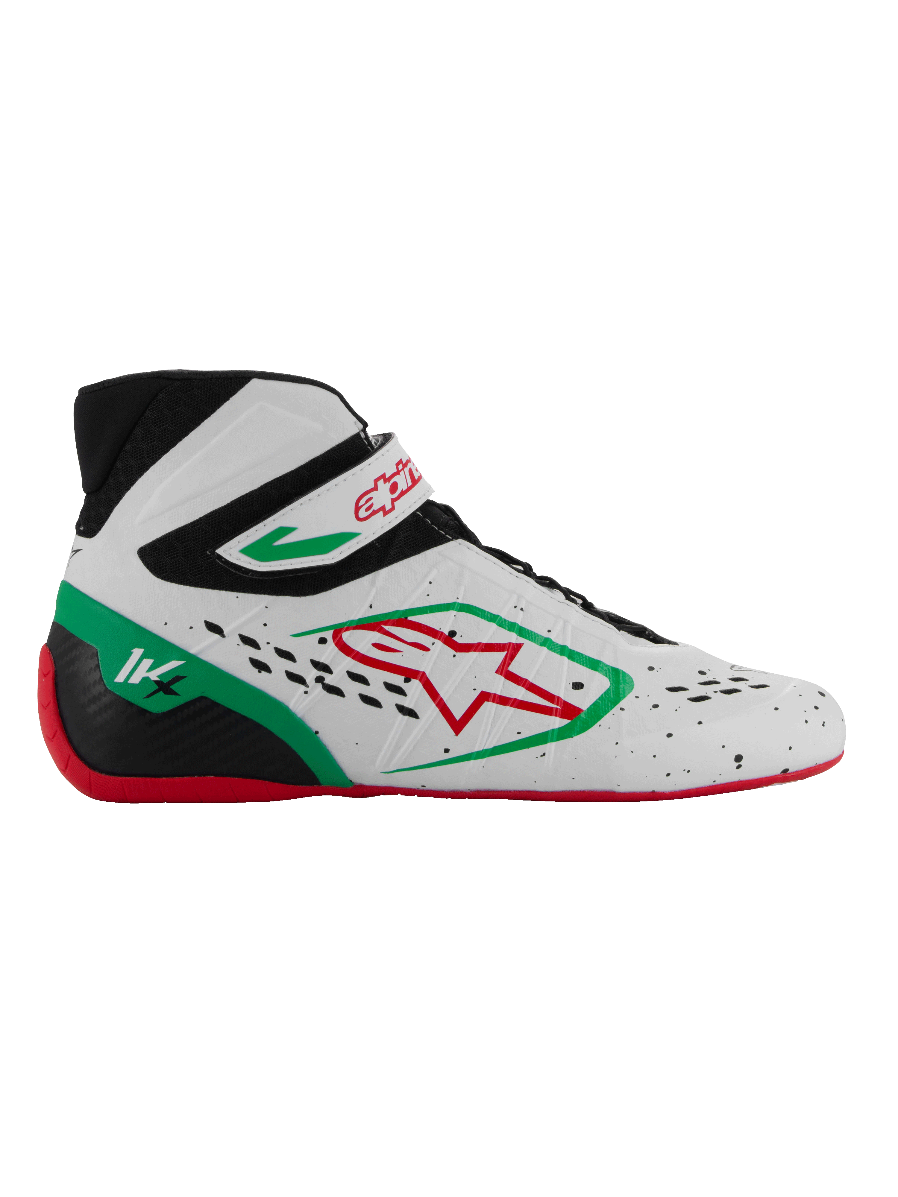 Sapatos Alpinestars Tech-1 KX V3, sapatos de corrida de kart com homologação FIA, brancos com detalhes em preto, verde e vermelho, logótipo de estrela vermelha, sola vermelha, design de cano alto com tira de Velcro, parte superior perfurada e respirável, marcação 1K no calcanhar