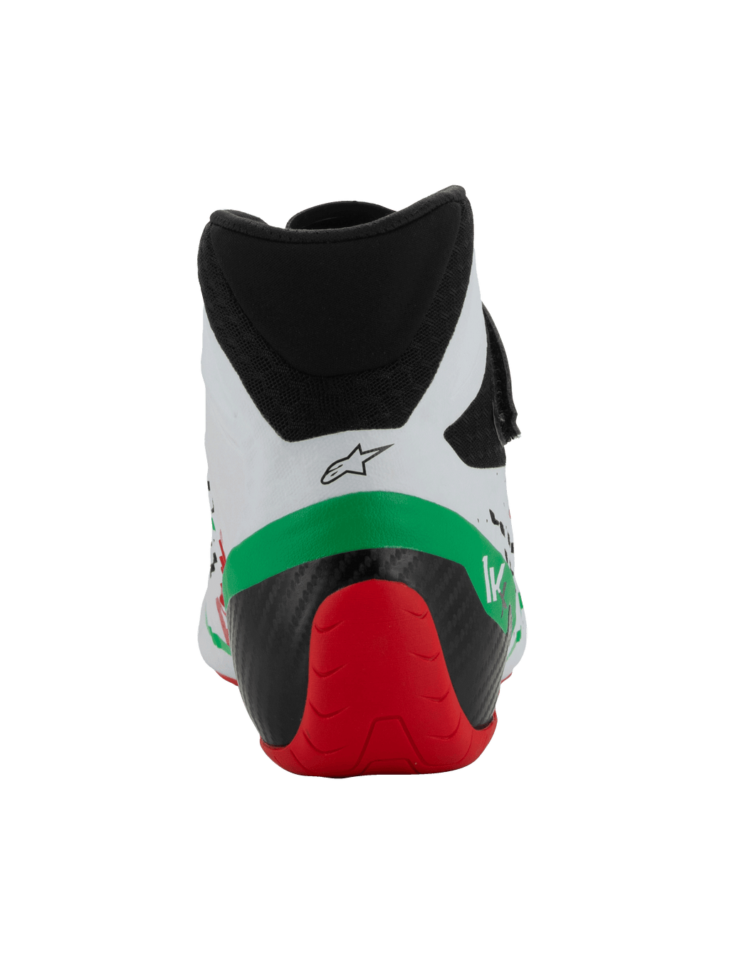 Alpinestars Tech-1 KX V3 Shoes - FIA, sapatos de karting, branco, verde e vermelho, vista traseira mostrando o colarinho de microfibra de corte baixo, estrutura de calcanhar reforçada a preto e vermelho e logótipo Alpinestars.