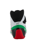 Alpinestars Tech-1 KX V3 Shoes - FIA, sapatos de karting, branco, verde e vermelho, vista traseira mostrando o colarinho de microfibra de corte baixo, estrutura de calcanhar reforçada a preto e vermelho e logótipo Alpinestars.