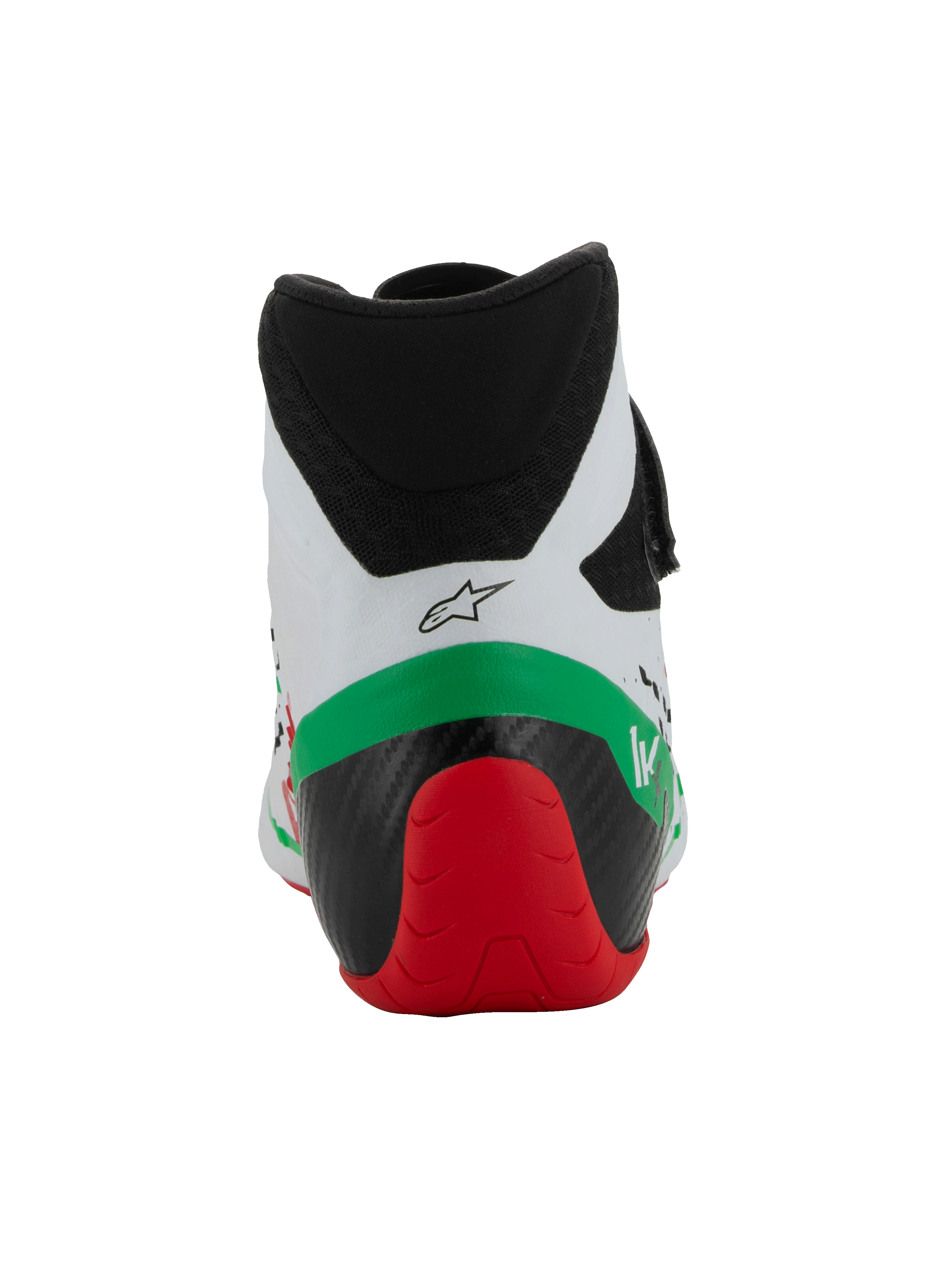 Alpinestars Tech-1 KX V3 Shoes - FIA, sapatos de karting, branco, verde e vermelho, vista traseira mostrando o colarinho de microfibra de corte baixo, estrutura de calcanhar reforçada a preto e vermelho e logótipo Alpinestars.