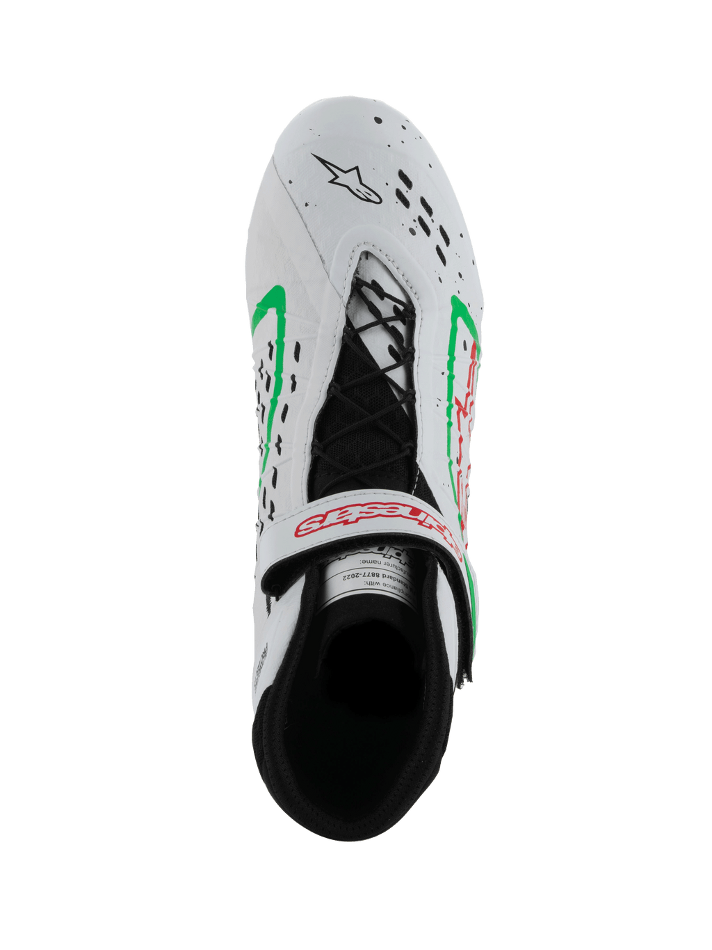Sapatos Alpinestars Tech-1 KX V3, sapatos de karting com homologação FIA, brancos com detalhes em verde e vermelho, vista superior mostrando o sistema de atacadores assimétricos, correia ajustável com logótipo vermelho e perfurações na biqueira cortadas a laser.