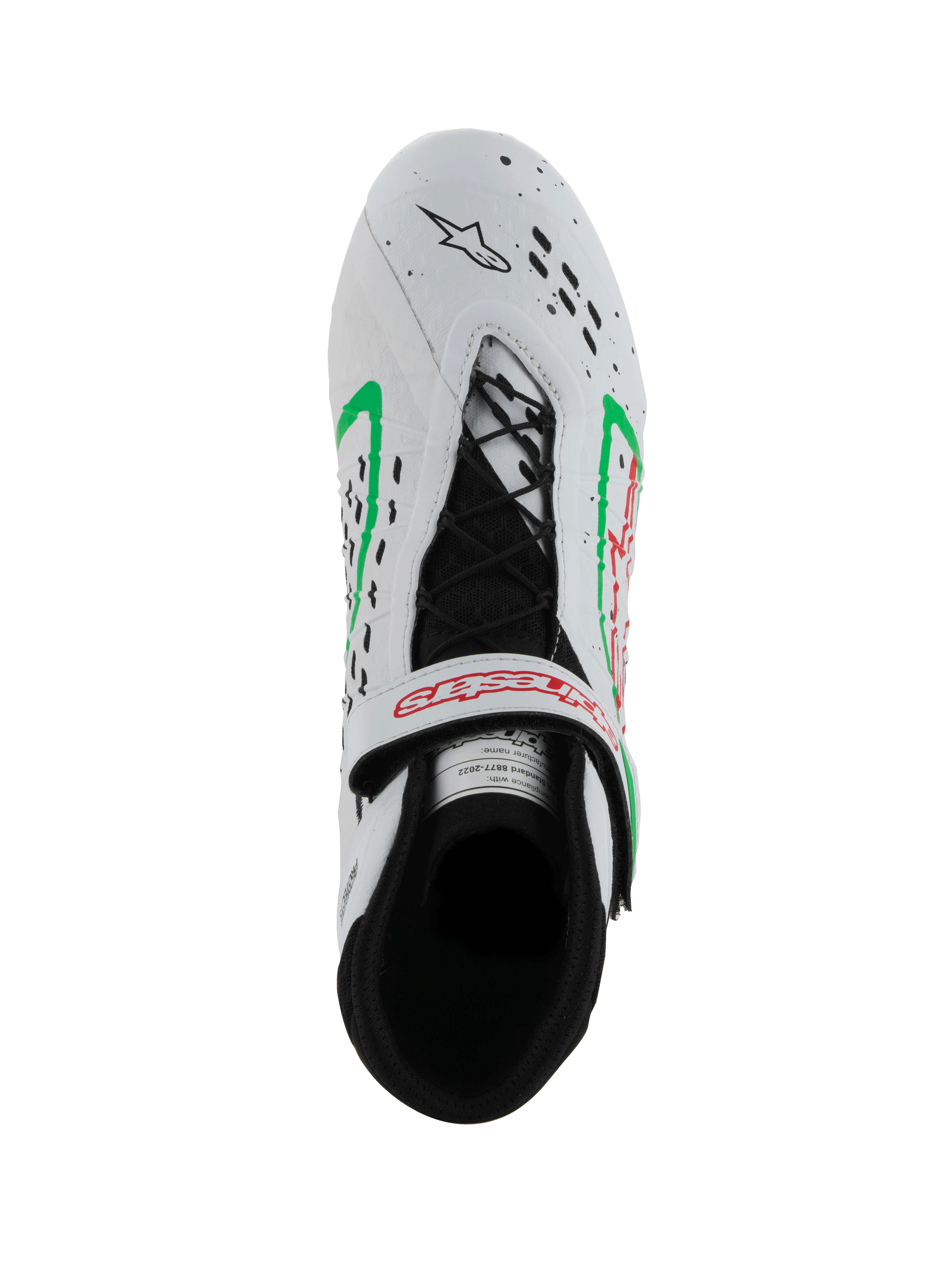 Sapatos Alpinestars Tech-1 KX V3, sapatos de karting com homologação FIA, brancos com detalhes em verde e vermelho, vista superior mostrando o sistema de atacadores assimétricos, correia ajustável com logótipo vermelho e perfurações na biqueira cortadas a laser.