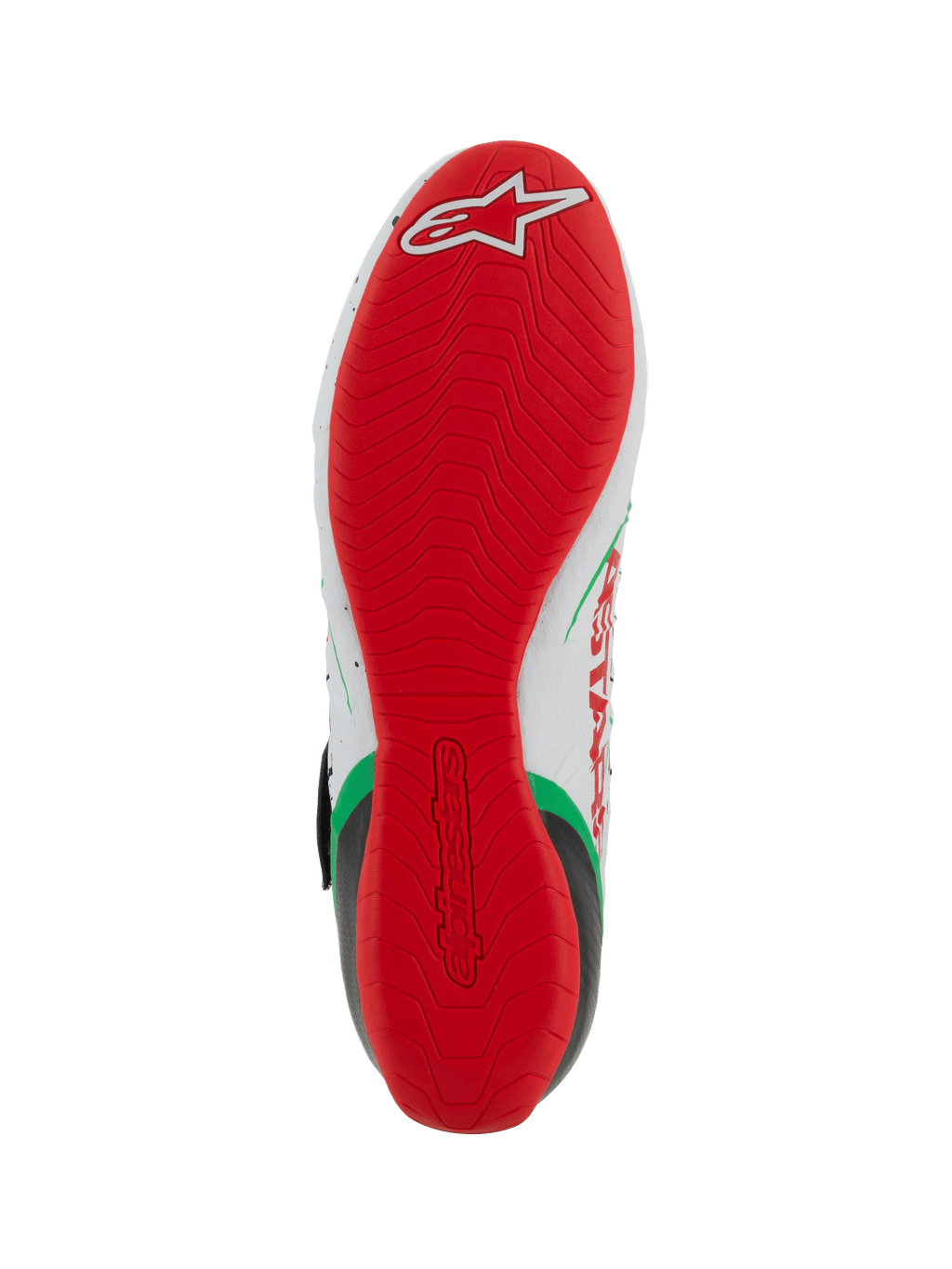 Sapatos de Karting Alpinestars Tech-1 KX V3, vista da sola, sola exterior de borracha fina em vermelho vivo com padrão de aderência texturizado, logótipo Alpinestars branco no calcanhar, cores branco, verde e vermelho