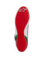 Sapatos de Karting Alpinestars Tech-1 KX V3, vista da sola, sola exterior de borracha fina em vermelho vivo com padrão de aderência texturizado, logótipo Alpinestars branco no calcanhar, cores branco, verde e vermelho