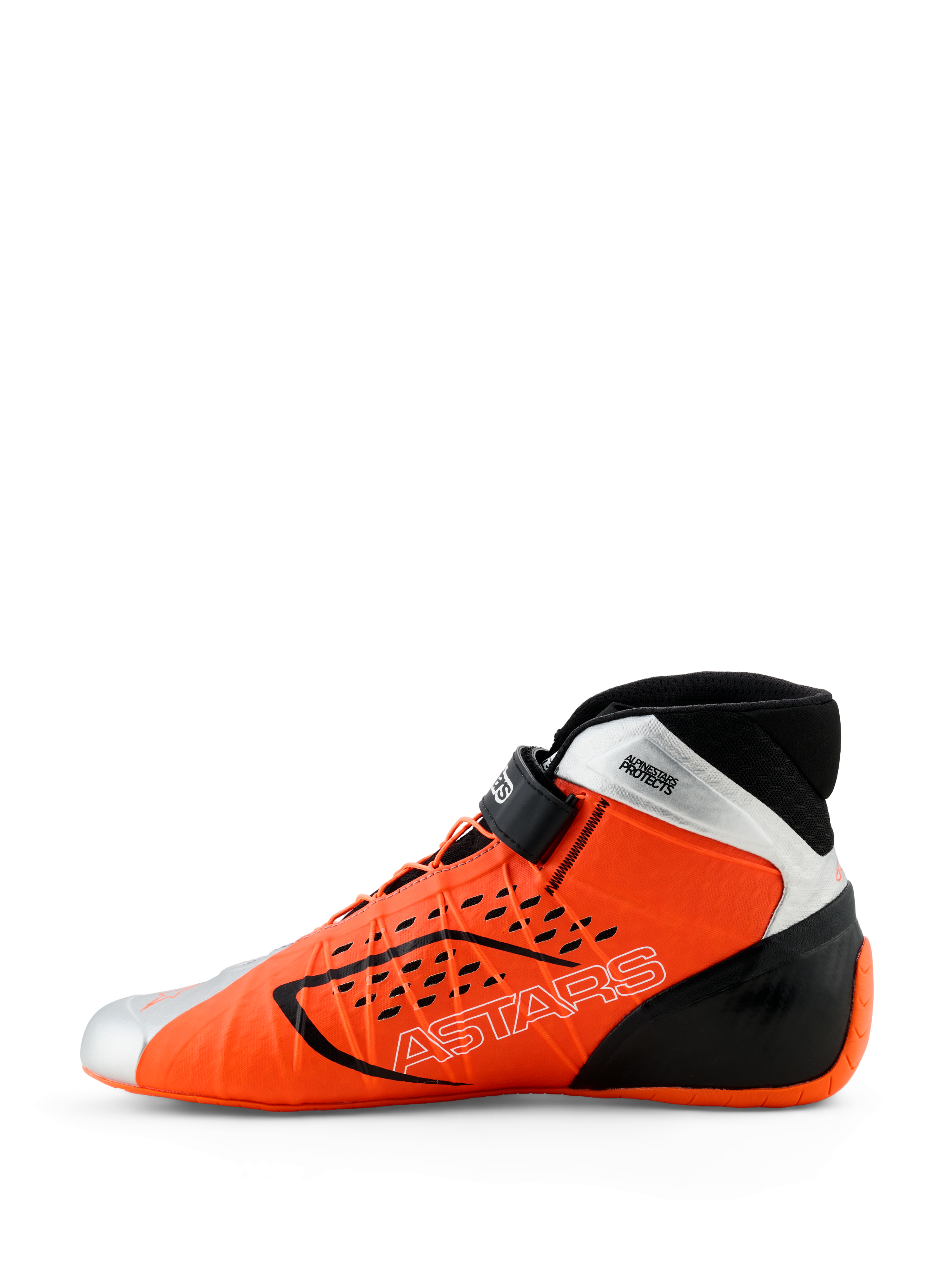 Sapatos Alpinestars Tech-1 KX V3, sapatos de karting, laranja fluo, preto e prateado, vista de perfil lateral, com o logótipo ASTARS na lateral, tira de tornozelo ajustável e design aerodinâmico elegante para competição profissional