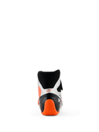 Sapatos Alpinestars Tech-1 KX V3, sapatos de karting, pretos, prateados e laranja fluo, vista traseira com calcanhar texturado cor de laranja vibrante e painéis laterais prateados, design de cano alto para competição profissional
