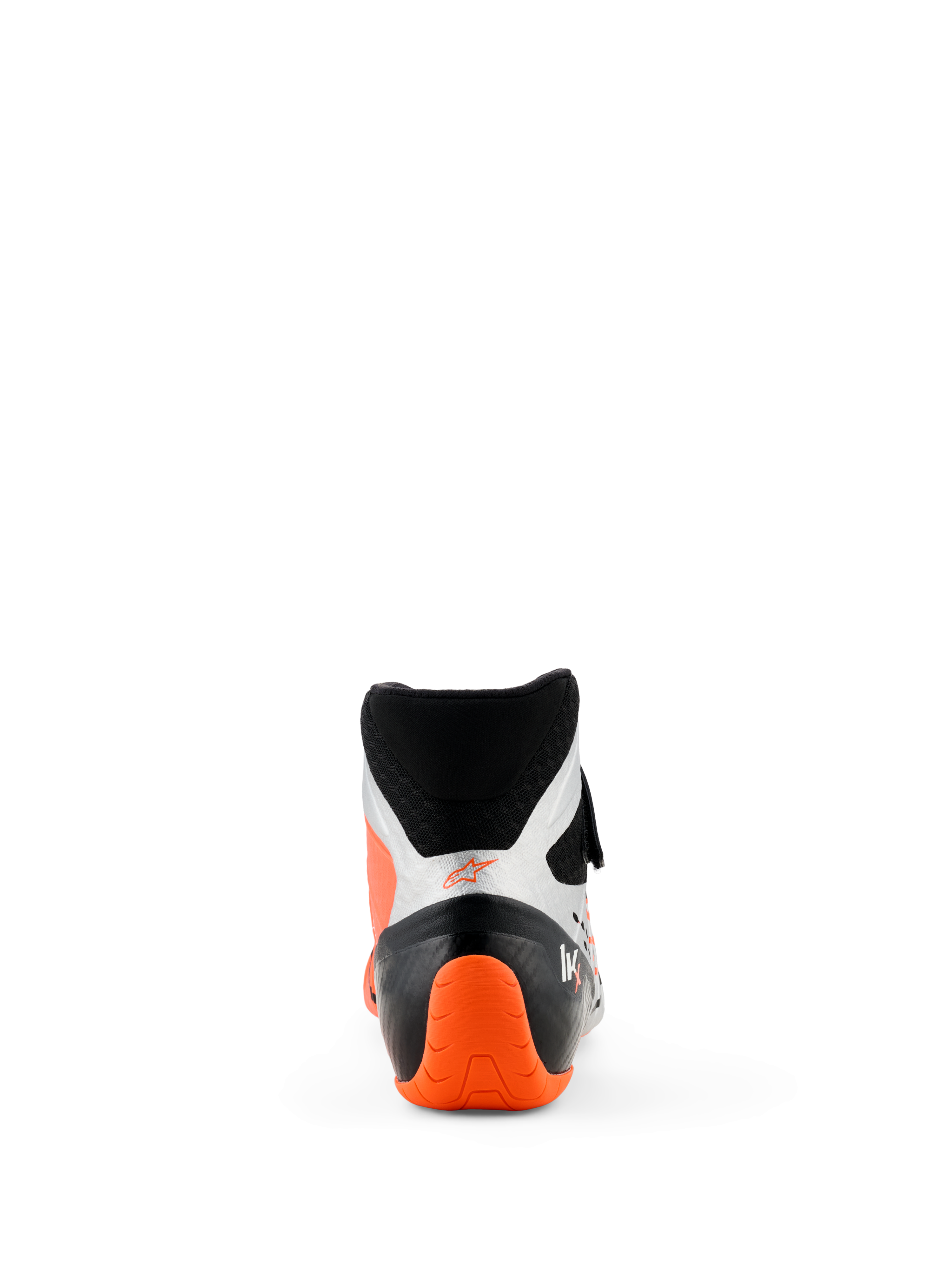 Sapatos Alpinestars Tech-1 KX V3, sapatos de karting, pretos, prateados e laranja fluo, vista traseira com calcanhar texturado cor de laranja vibrante e painéis laterais prateados, design de cano alto para competição profissional