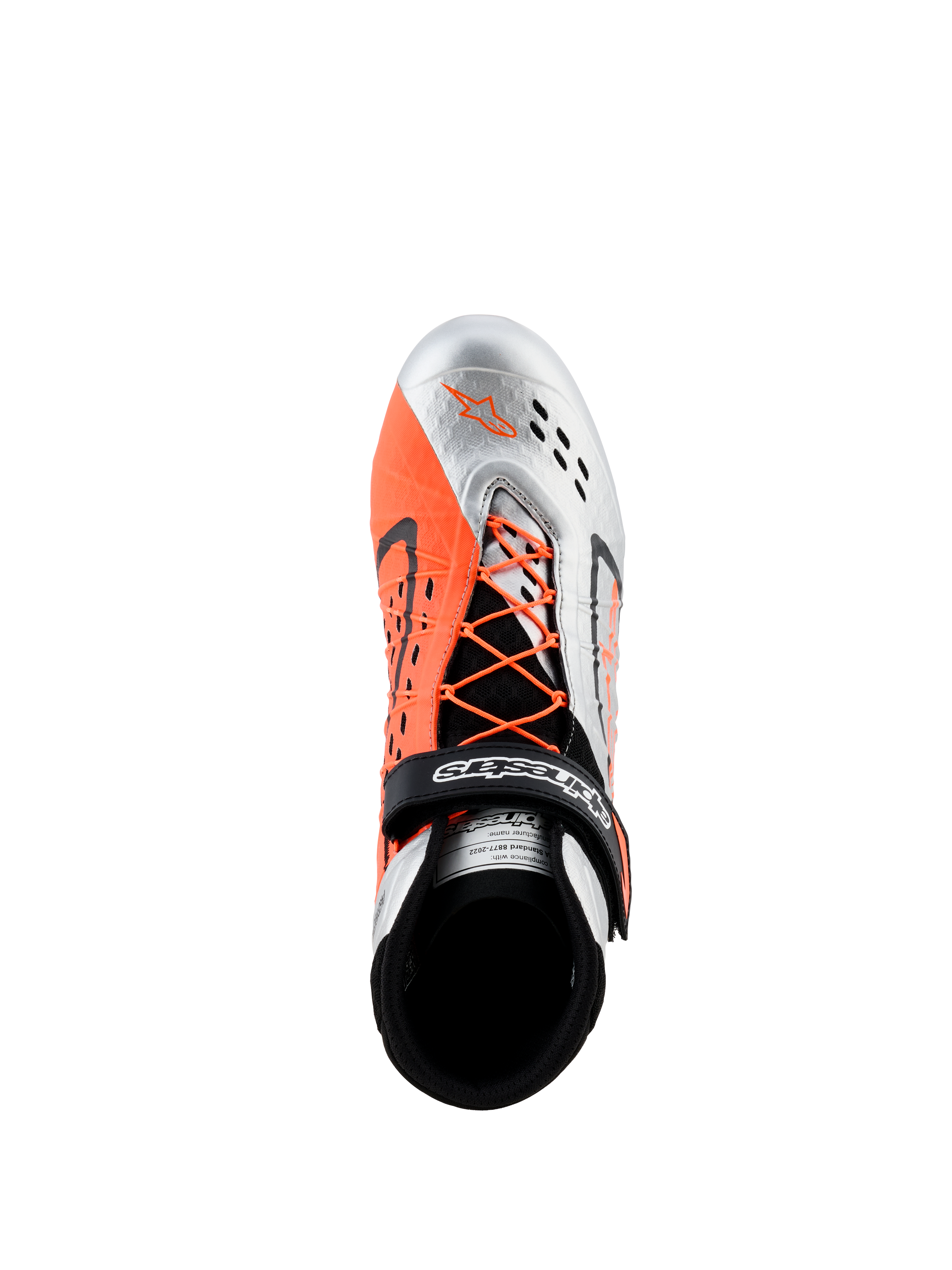 Alpinestars Tech-1 KX V3 Shoes - FIA, sapatos de karting, preto, prateado e laranja fluo, vista superior mostrando o sistema de atacadores assimétrico com atacadores cor de laranja, tira de Velcro com logótipo e perfurações respiráveis cortadas a laser na biqueira prateada.