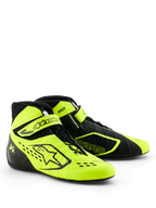 Alpinestars Tech-1 KX V3 Karting Shoes, pretos e amarelo flúor, perfil de desempenho elegante, atacadores assimétricos com tira ajustável no tornozelo, perfurações cortadas a laser para respirabilidade, construção termo-soldada leve, calçado de desporto motorizado com certificação FIA 8877-2022