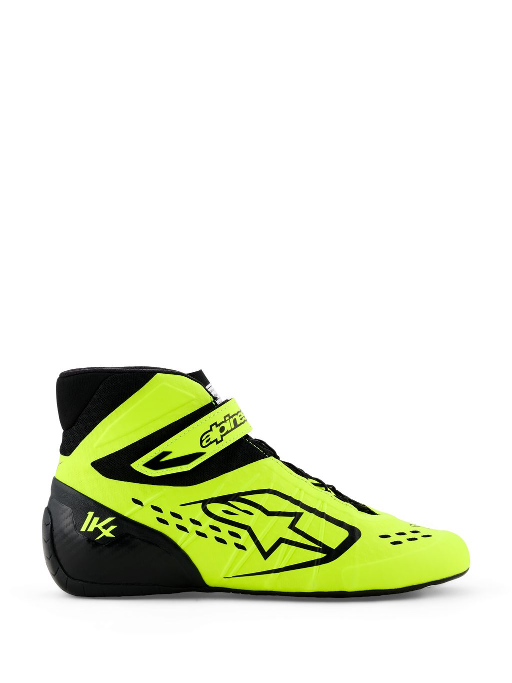Sapatos de Karting Alpinestars Tech-1 KX V3, Amarelo Fluo e Preto, vista de perfil lateral com logótipo Alpinestars proeminente, correia de tornozelo ajustável e perfurações cortadas a laser para respirabilidade, calçado profissional de desporto motorizado.