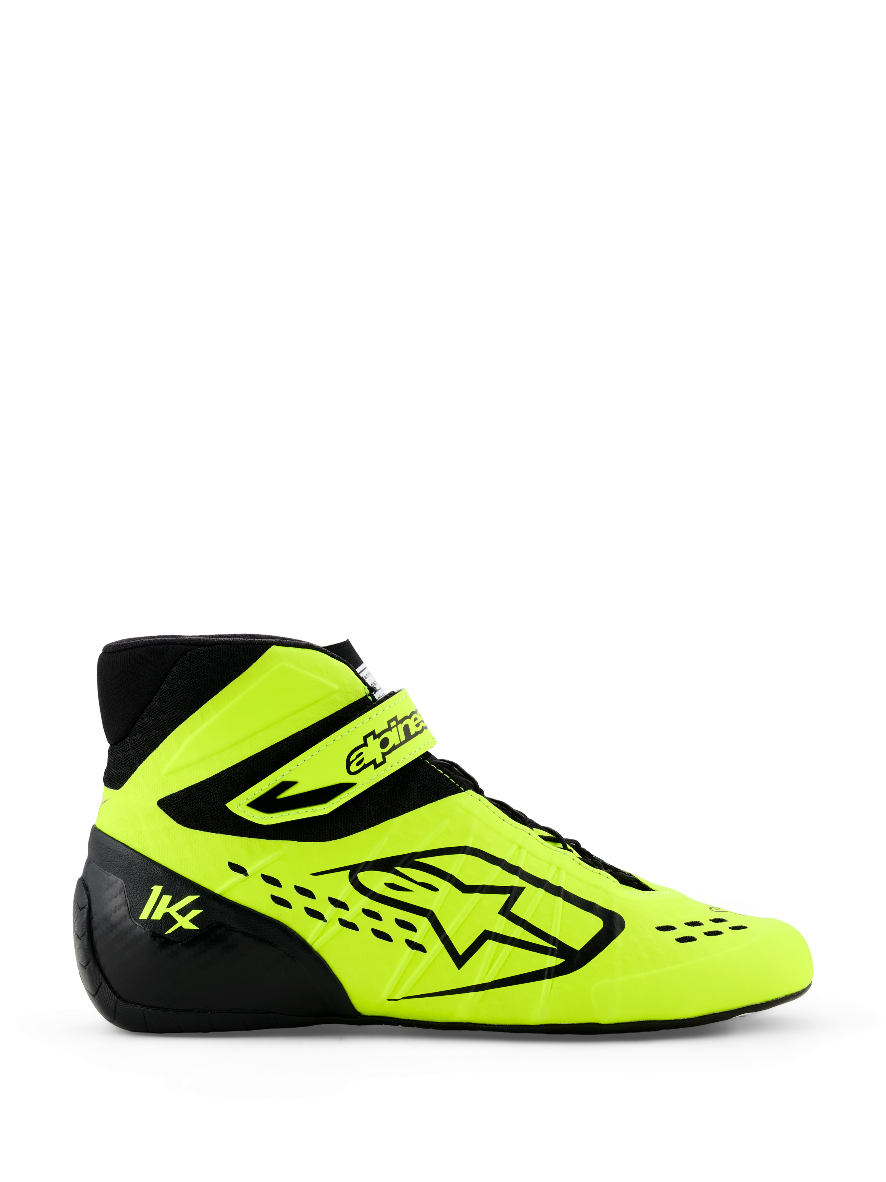 Sapatos de Karting Alpinestars Tech-1 KX V3, Amarelo Fluo e Preto, vista de perfil lateral com logótipo Alpinestars proeminente, correia de tornozelo ajustável e perfurações cortadas a laser para respirabilidade, calçado profissional de desporto motorizado.