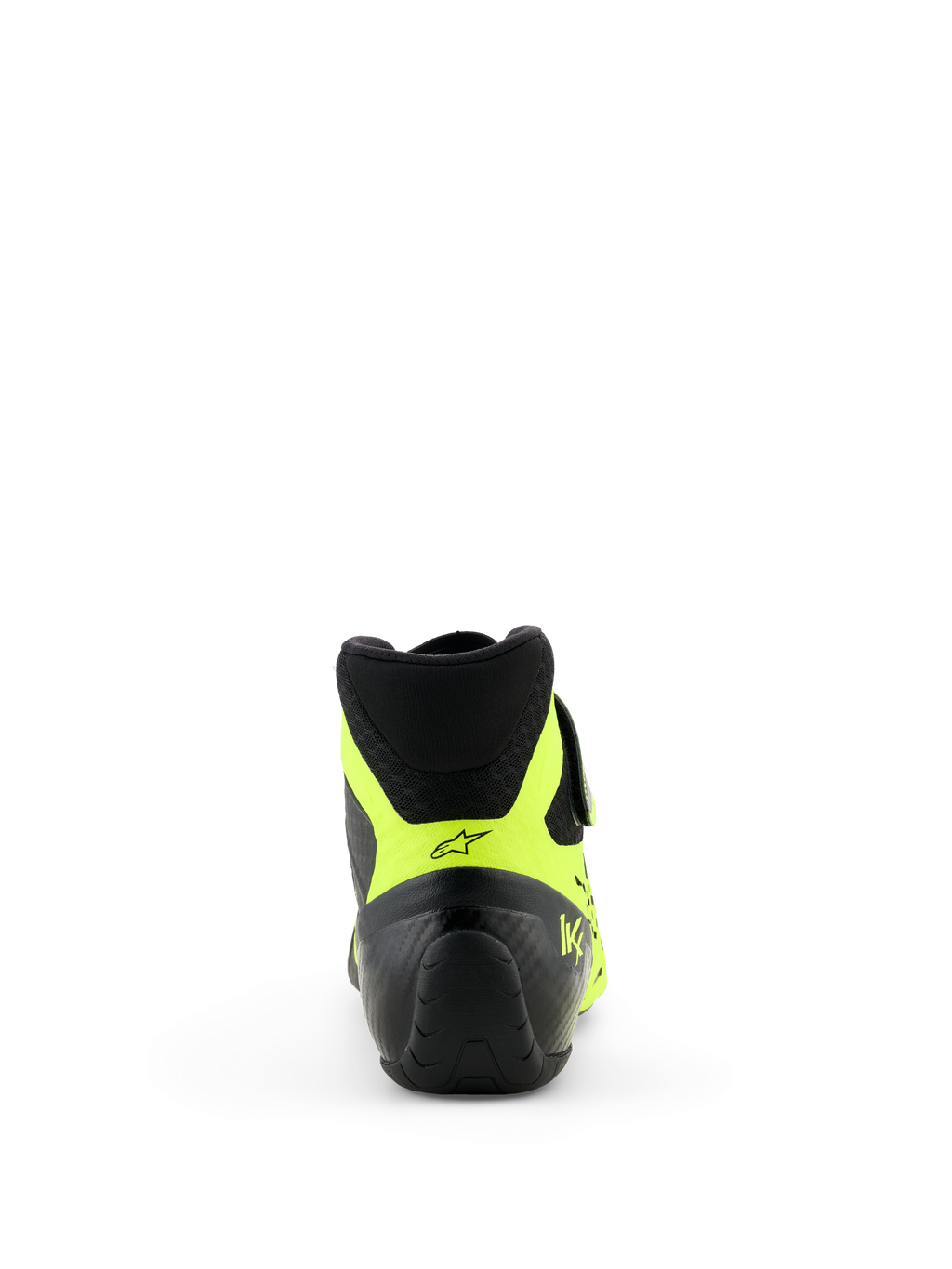 Sapatos Alpinestars Tech-1 KX V3 - FIA, Preto e Amarelo Fluo, vista traseira com foco no calcanhar, detalhes em amarelo néon com logótipo de estrela preto e marca KX, calçado profissional de karting