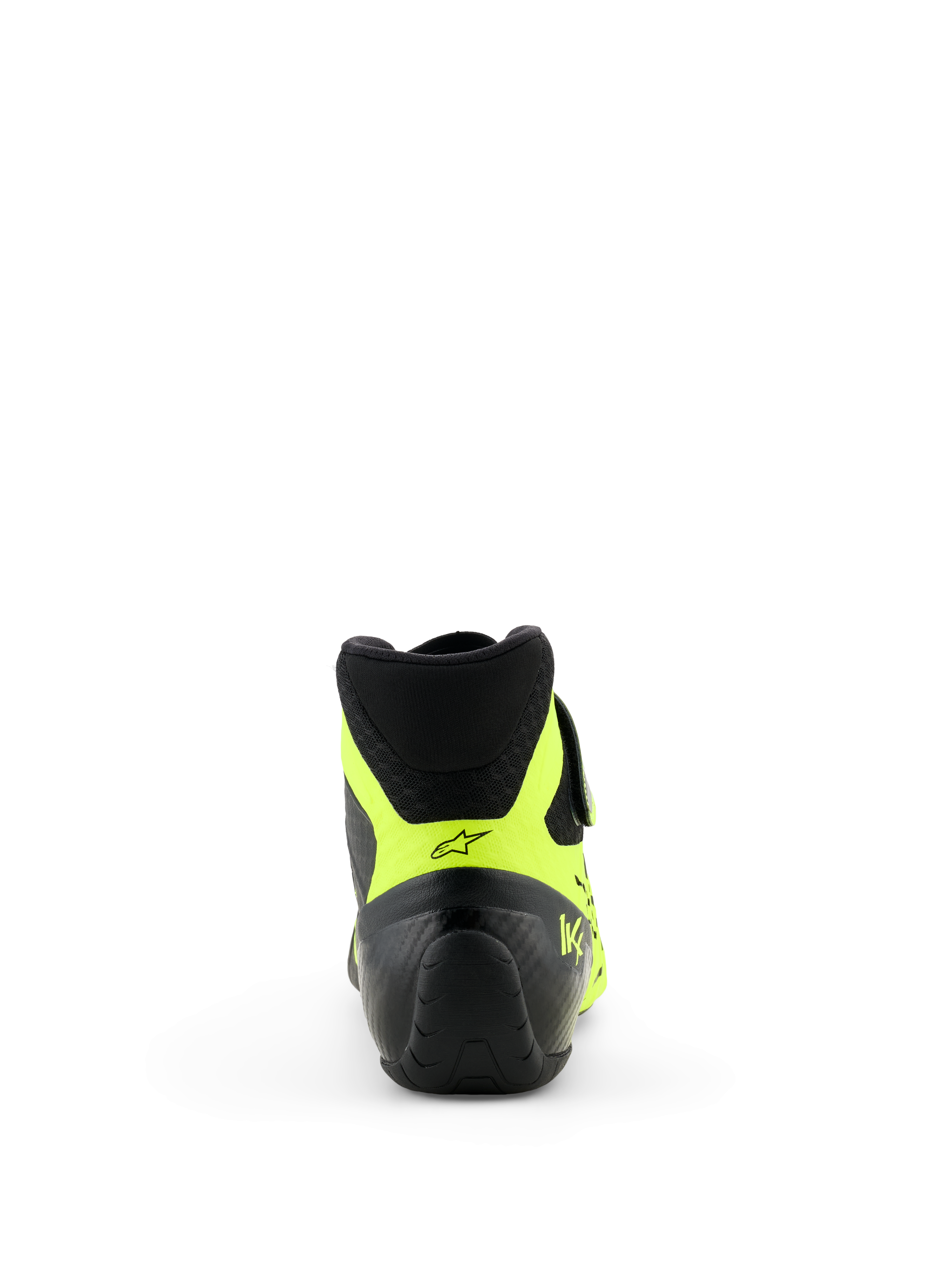 Sapatos Alpinestars Tech-1 KX V3 - FIA, Preto e Amarelo Fluo, vista traseira com foco no calcanhar, detalhes em amarelo néon com logótipo de estrela preto e marca KX, calçado profissional de karting