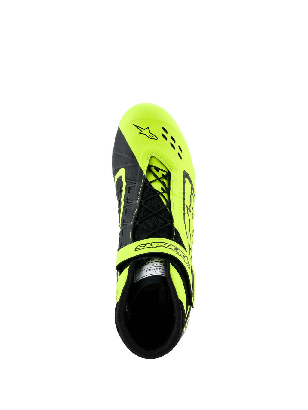Alpinestars Tech-1 KX V3 Shoes, sapatos de karting, pretos e amarelo fluo, vista superior mostrando o sistema de atacadores assimétrico e correia ajustável, com perfurações cortadas a laser para respirabilidade, concebidos para corridas de kart