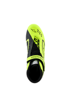 Alpinestars Tech-1 KX V3 Shoes, sapatos de karting, pretos e amarelo fluo, vista superior mostrando o sistema de atacadores assimétrico e correia ajustável, com perfurações cortadas a laser para respirabilidade, concebidos para corridas de kart