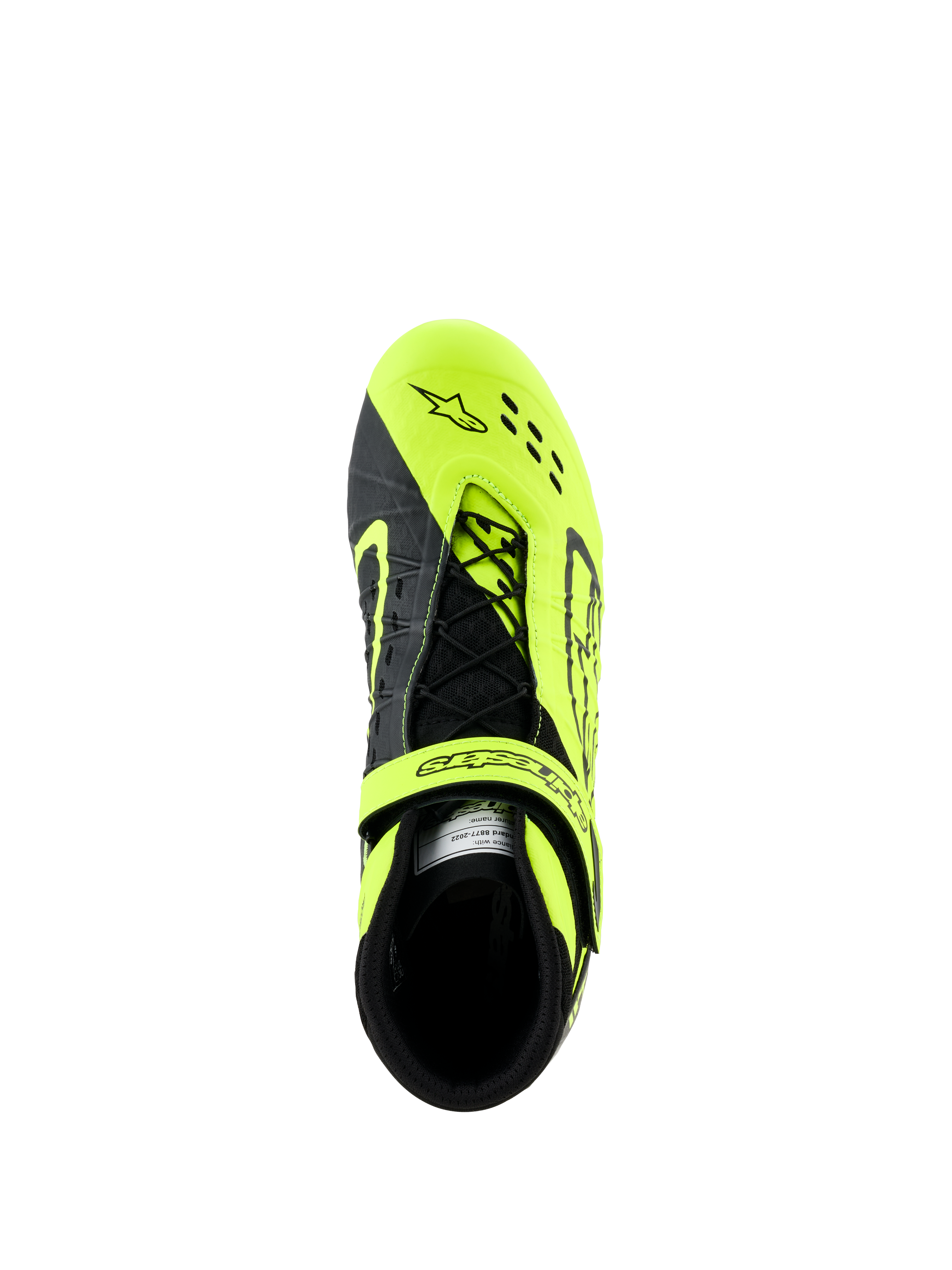 Alpinestars Tech-1 KX V3 Shoes, sapatos de karting, pretos e amarelo fluo, vista superior mostrando o sistema de atacadores assimétrico e correia ajustável, com perfurações cortadas a laser para respirabilidade, concebidos para corridas de kart