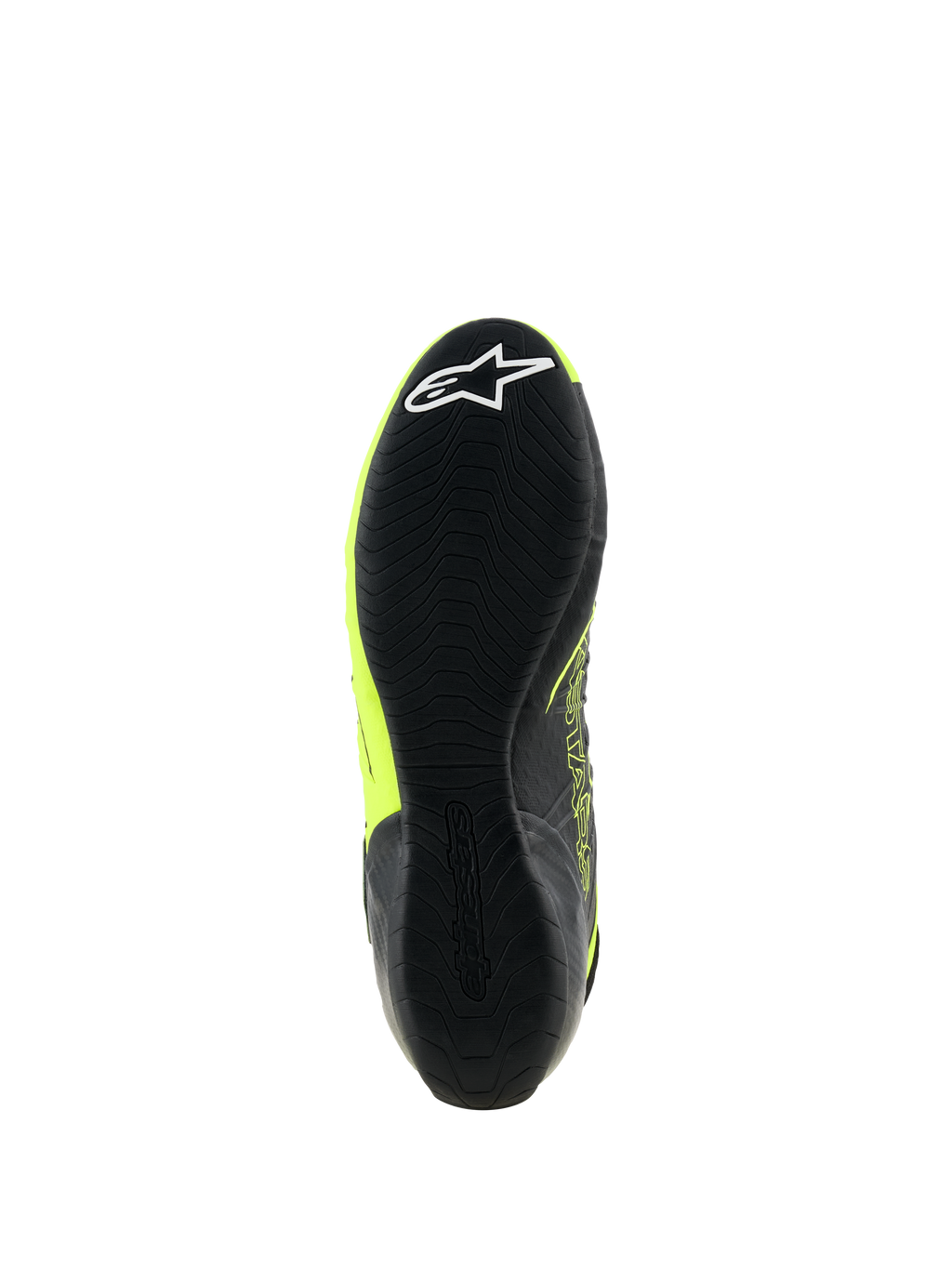 Sapatos Alpinestars Tech-1 KX V3, sapatos de karting, preto e amarelo fluo, vista inferior da sola de borracha fina com padrão de aderência texturizado e logótipo de estrela branco no calcanhar, concebidos para performance em desportos motorizados