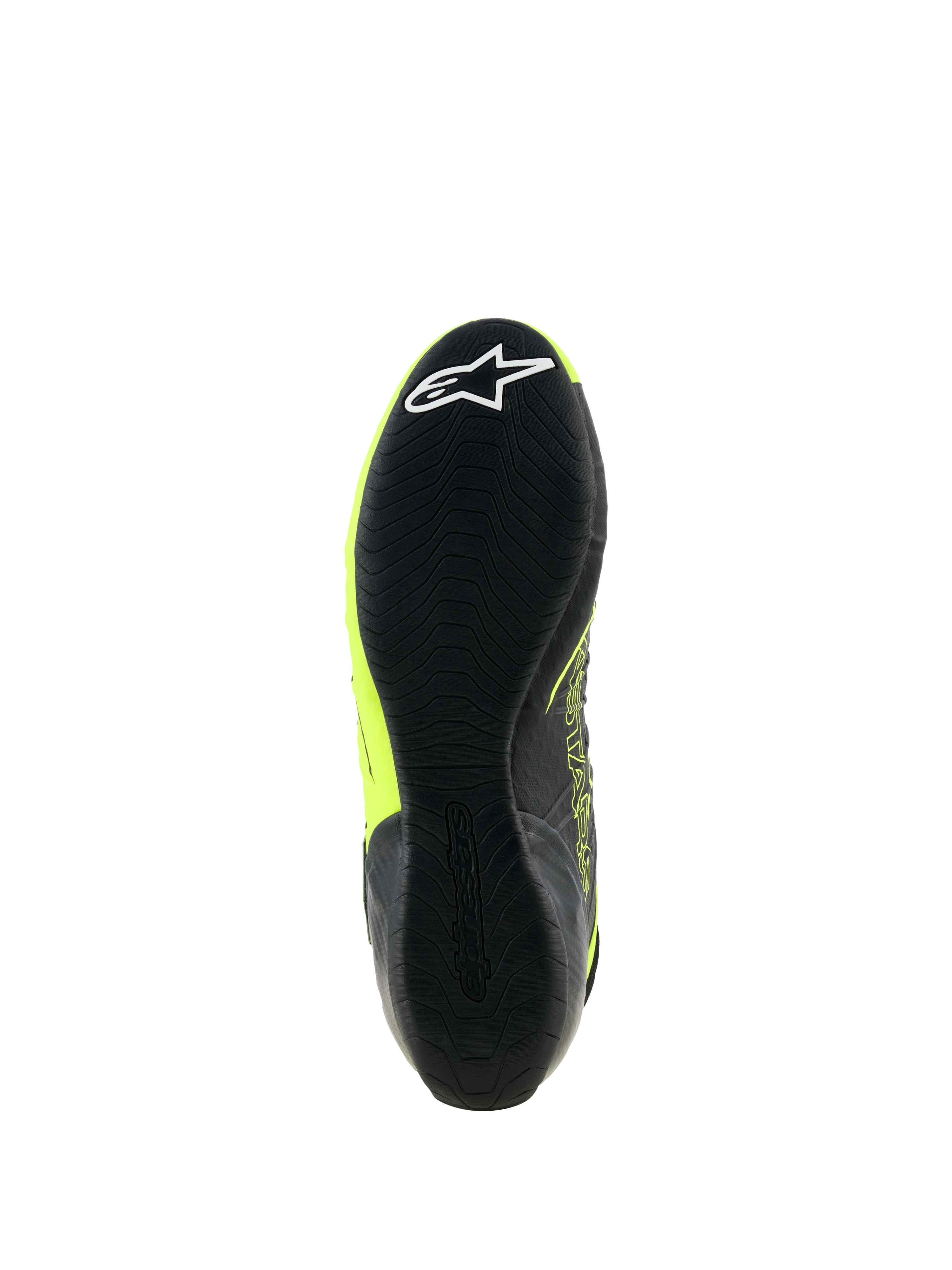 Sapatos Alpinestars Tech-1 KX V3, sapatos de karting, preto e amarelo fluo, vista inferior da sola de borracha fina com padrão de aderência texturizado e logótipo de estrela branco no calcanhar, concebidos para performance em desportos motorizados