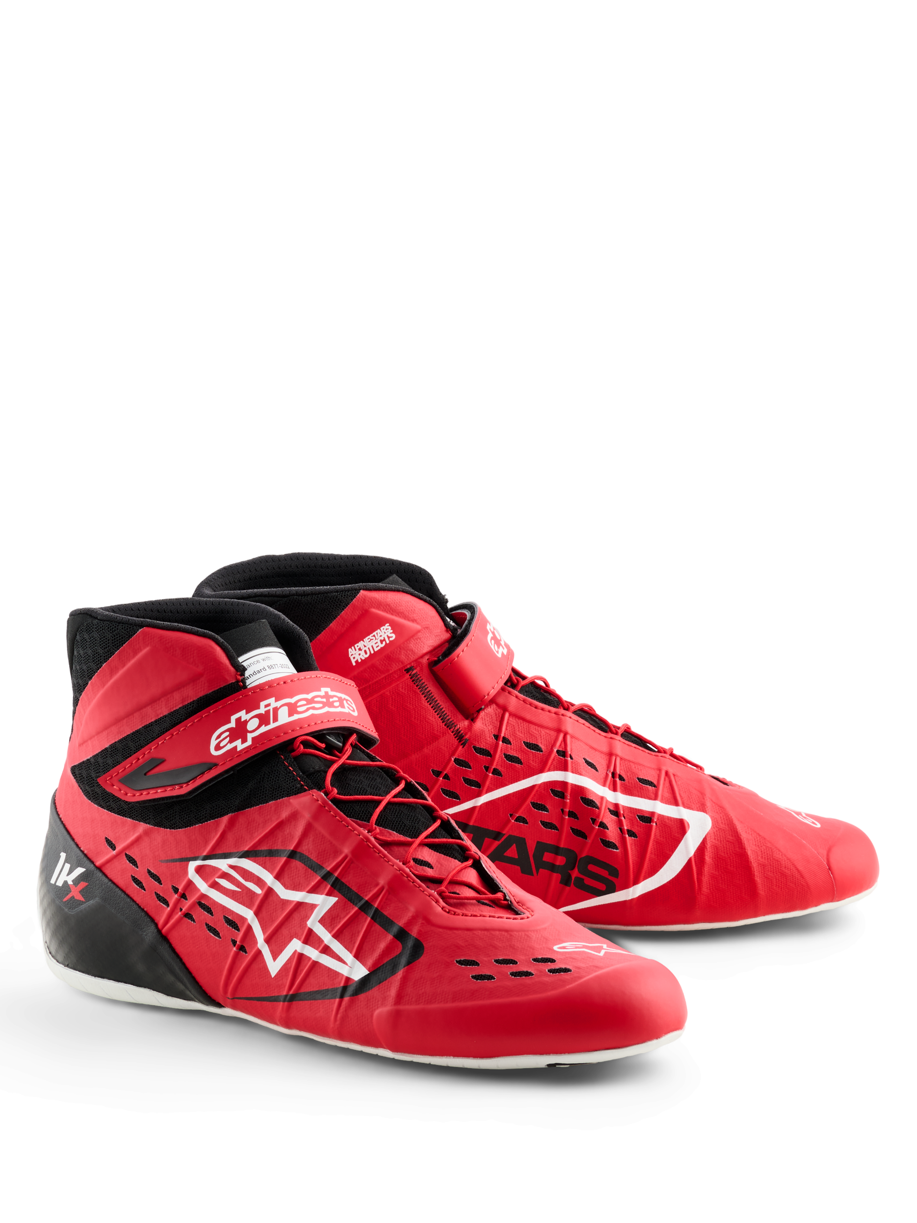 Sapatos Alpinestars Tech-1 KX V3, sapatos de karting, vermelhos e pretos, com atacadores assimétricos e tira de velcro no tornozelo, logótipo Alpinestars a branco, entradas de ar cortadas a laser e uma construção leve sem costuras para desempenho profissional em desportos motorizados.