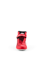 Sapatos Alpinestars Tech-1 KX V3 - FIA, sapatos de karting, vermelhos e pretos, vista frontal com sistema de atacadores rápidos assimétricos, tira de velcro no tornozelo com marca a branco e construção termo-soldada elegante