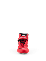 Sapatos Alpinestars Tech-1 KX V3 - FIA, sapatos de karting, vermelhos e pretos, vista frontal com sistema de atacadores rápidos assimétricos, tira de velcro no tornozelo com marca a branco e construção termo-soldada elegante