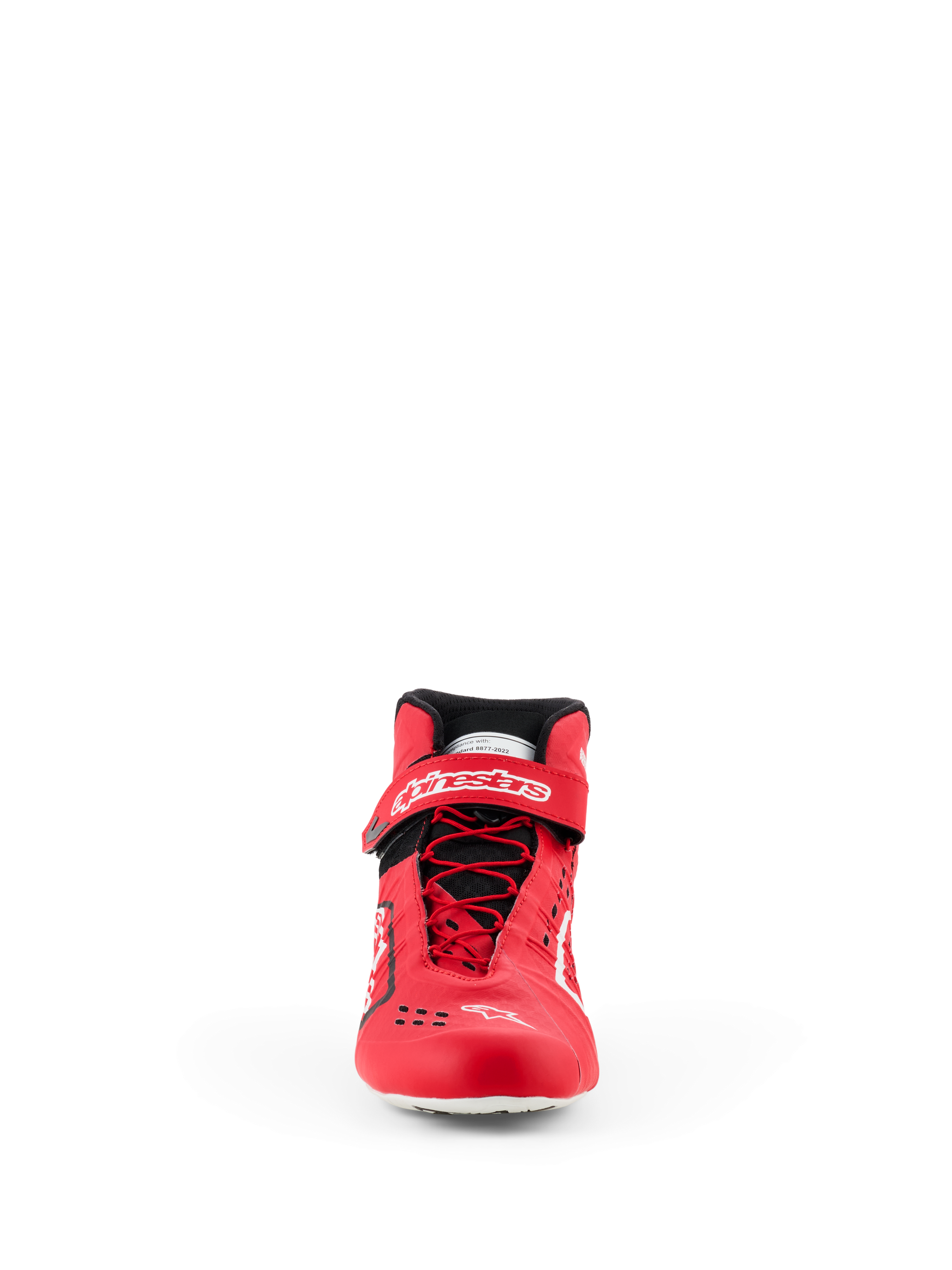 Sapatos Alpinestars Tech-1 KX V3 - FIA, sapatos de karting, vermelhos e pretos, vista frontal com sistema de atacadores rápidos assimétricos, tira de velcro no tornozelo com marca a branco e construção termo-soldada elegante