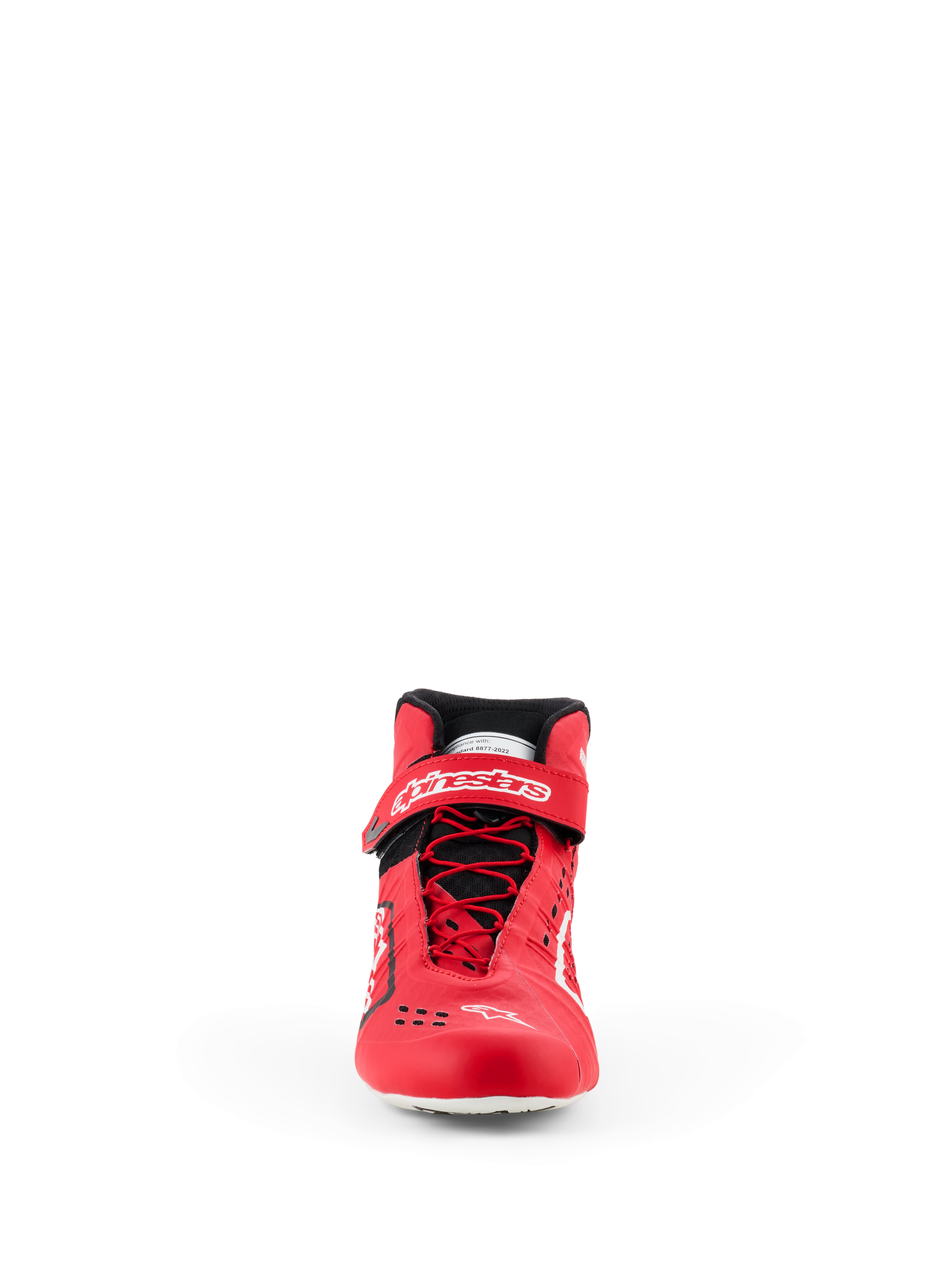 Sapatos Alpinestars Tech-1 KX V3 - FIA, sapatos de karting, vermelhos e pretos, vista frontal com sistema de atacadores rápidos assimétricos, tira de velcro no tornozelo com marca a branco e construção termo-soldada elegante