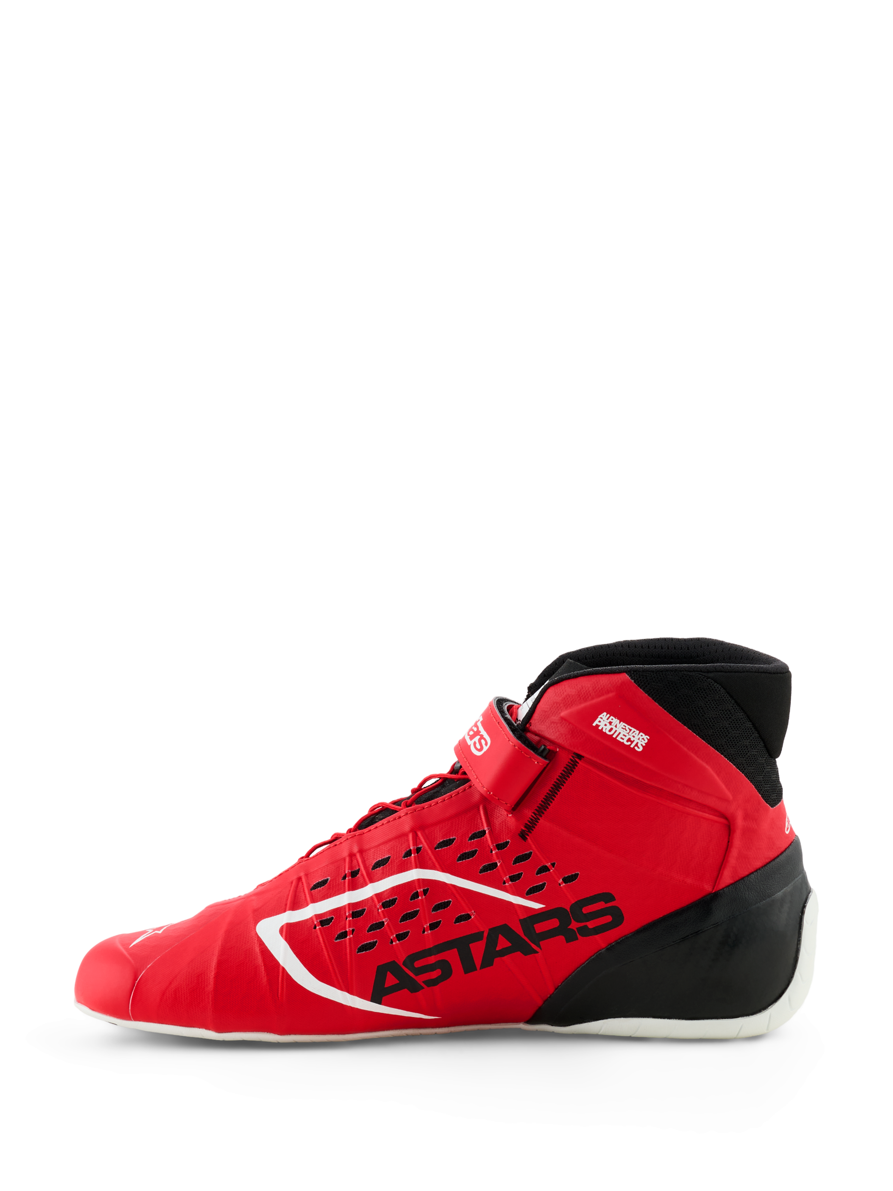 Sapatos Alpinestars Tech-1 KX V3, sapatos de karting FIA, vermelho e preto, vista de perfil lateral, com construção termo-soldada sem costuras, perfurações cortadas a laser, marca ASTARS em preto e design de corrida leve.