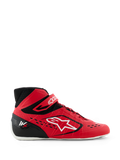 Sapatos de Karting Alpinestars Tech-1 KX V3, vermelhos e pretos, vista de perfil lateral com grande logótipo Alpinestars branco, sistema de atacadores assimétrico, tira de velcro no tornozelo e design leve sem costuras para desempenho em desportos motorizados.