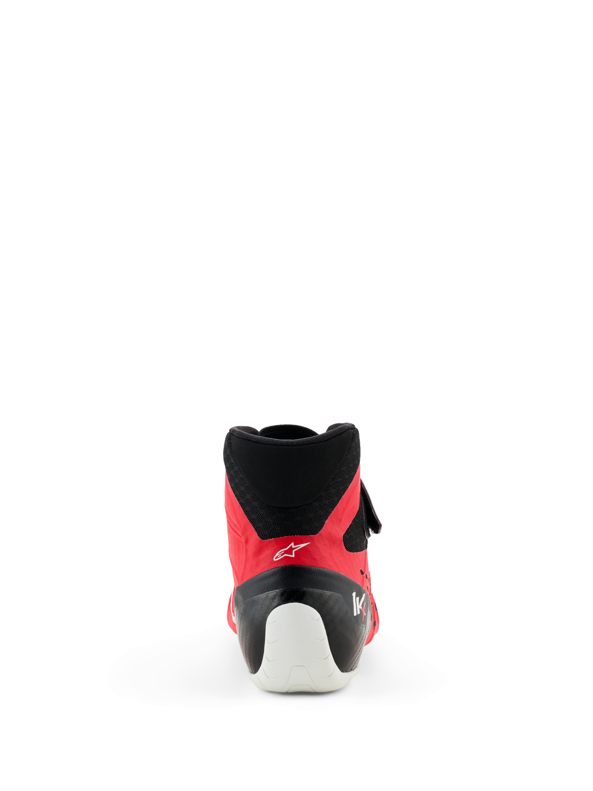 Sapatos Alpinestars Tech-1 KX V3 - FIA, sapatos de karting, em vermelho e preto, vista traseira realçando o reforço de calcanhar branco, colarinho de malha preta e perfil elegante para competição profissional.