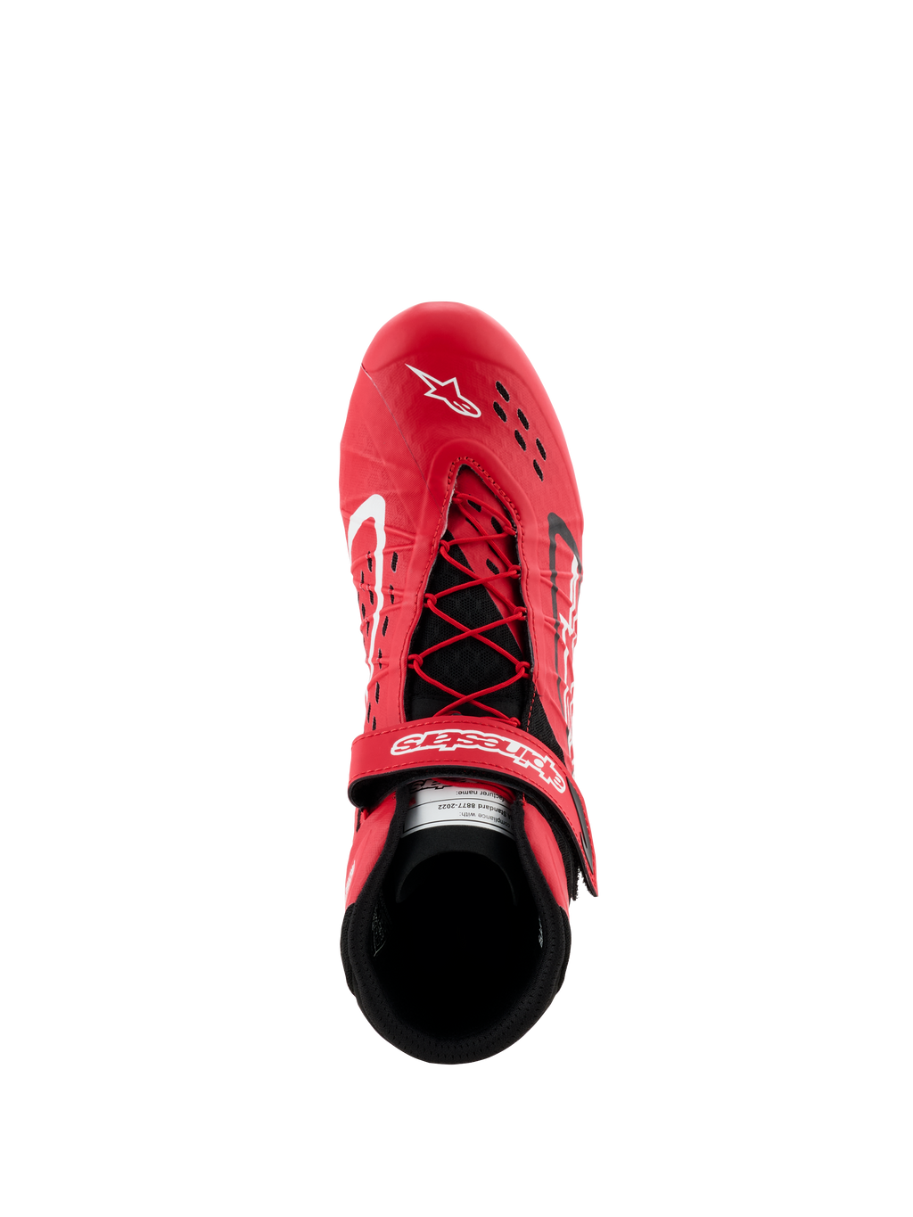 Sapatos Alpinestars Tech-1 KX V3 - FIA, sapatos de karting vermelhos e pretos, vista superior com sistema de atacadores assimétrico e tira de velcro ajustável, parte superior perfurada para respirabilidade, calçado de corrida leve de alto desempenho