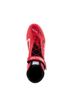 Sapatos Alpinestars Tech-1 KX V3 - FIA, sapatos de karting vermelhos e pretos, vista superior com sistema de atacadores assimétrico e tira de velcro ajustável, parte superior perfurada para respirabilidade, calçado de corrida leve de alto desempenho