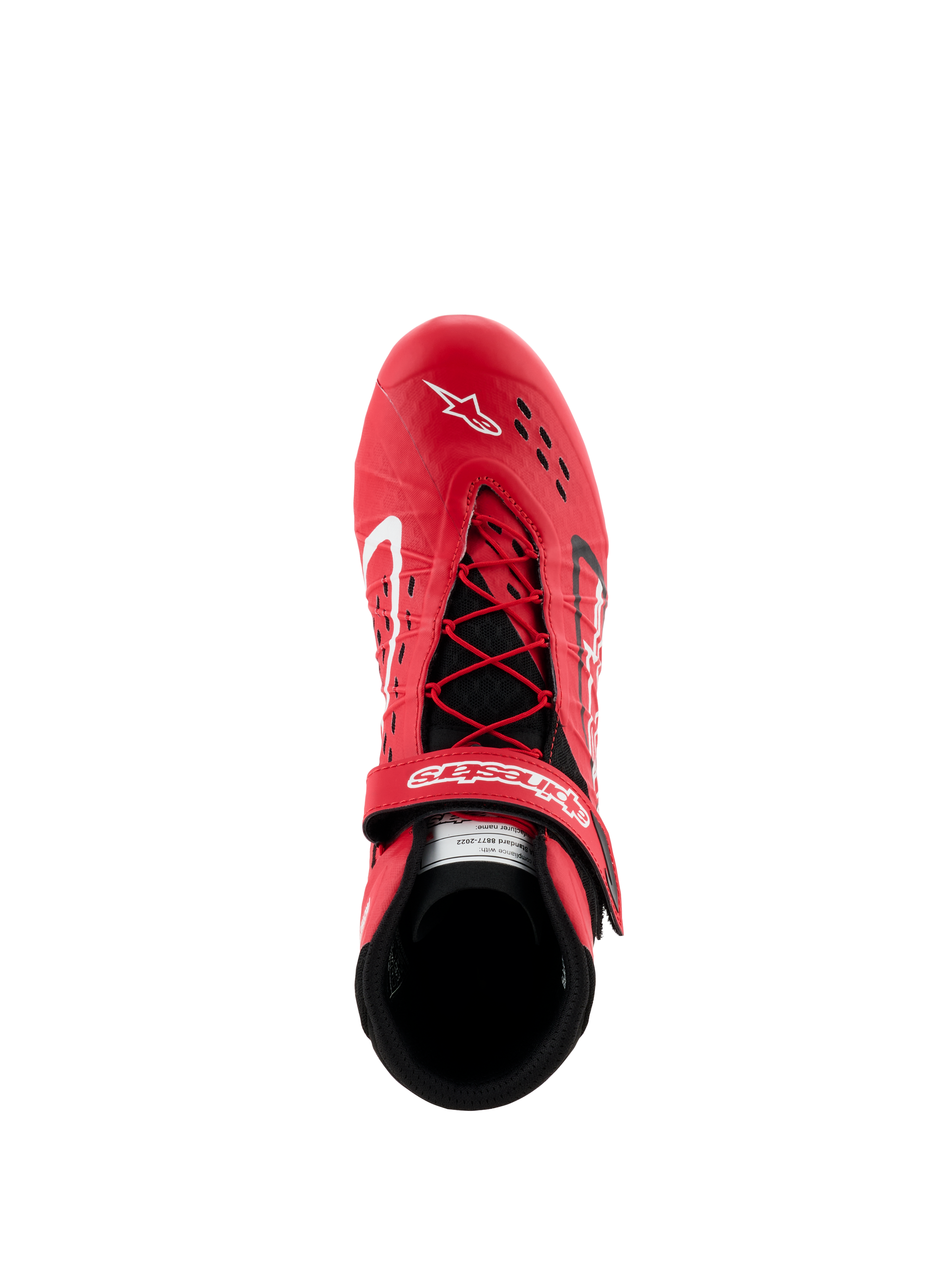 Sapatos Alpinestars Tech-1 KX V3 - FIA, sapatos de karting vermelhos e pretos, vista superior com sistema de atacadores assimétrico e tira de velcro ajustável, parte superior perfurada para respirabilidade, calçado de corrida leve de alto desempenho