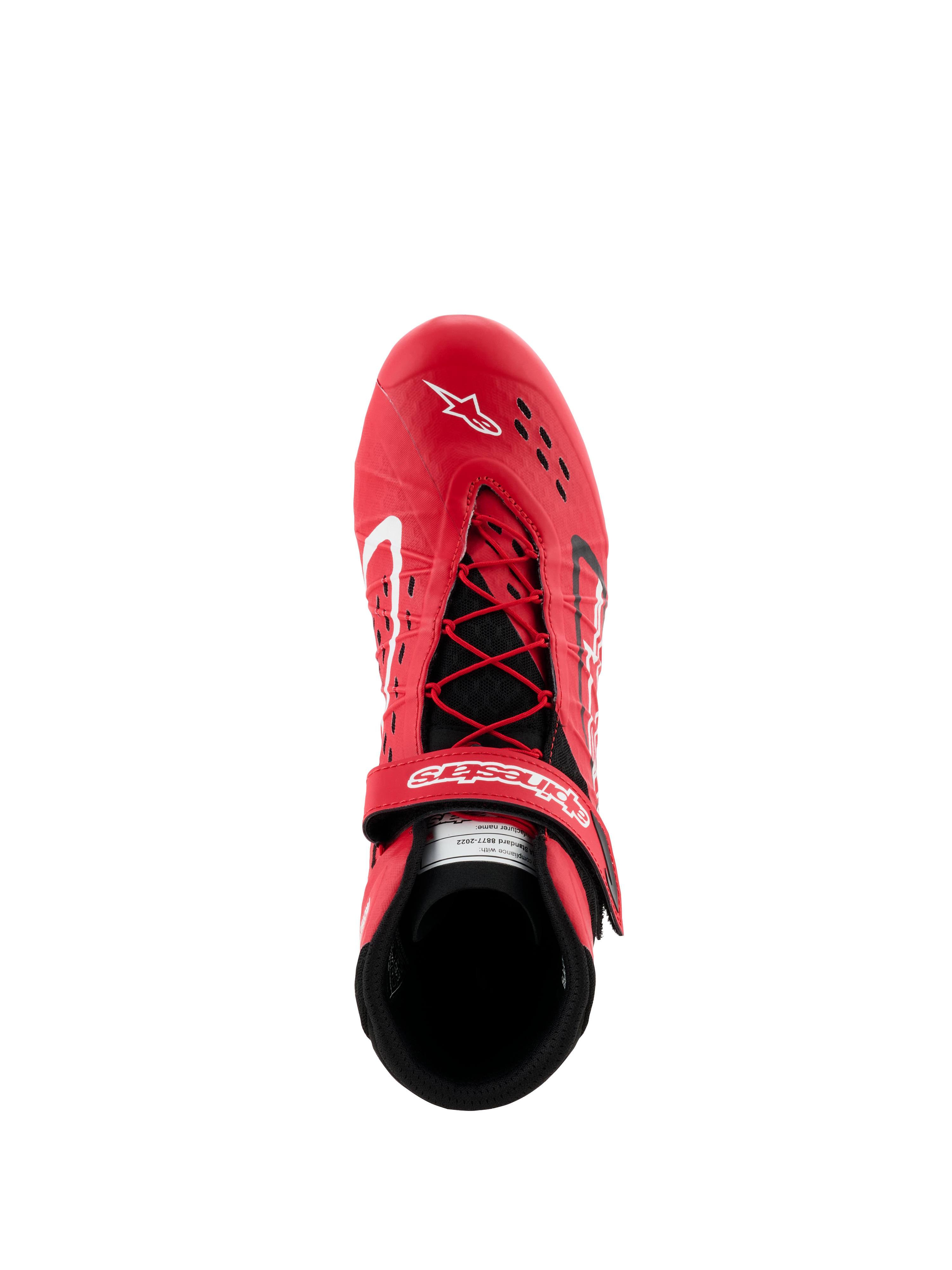 Sapatos Alpinestars Tech-1 KX V3 - FIA, sapatos de karting vermelhos e pretos, vista superior com sistema de atacadores assimétrico e tira de velcro ajustável, parte superior perfurada para respirabilidade, calçado de corrida leve de alto desempenho